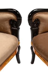 A Pair of Directoire Style Parcel Ebonized Burlwood Settees