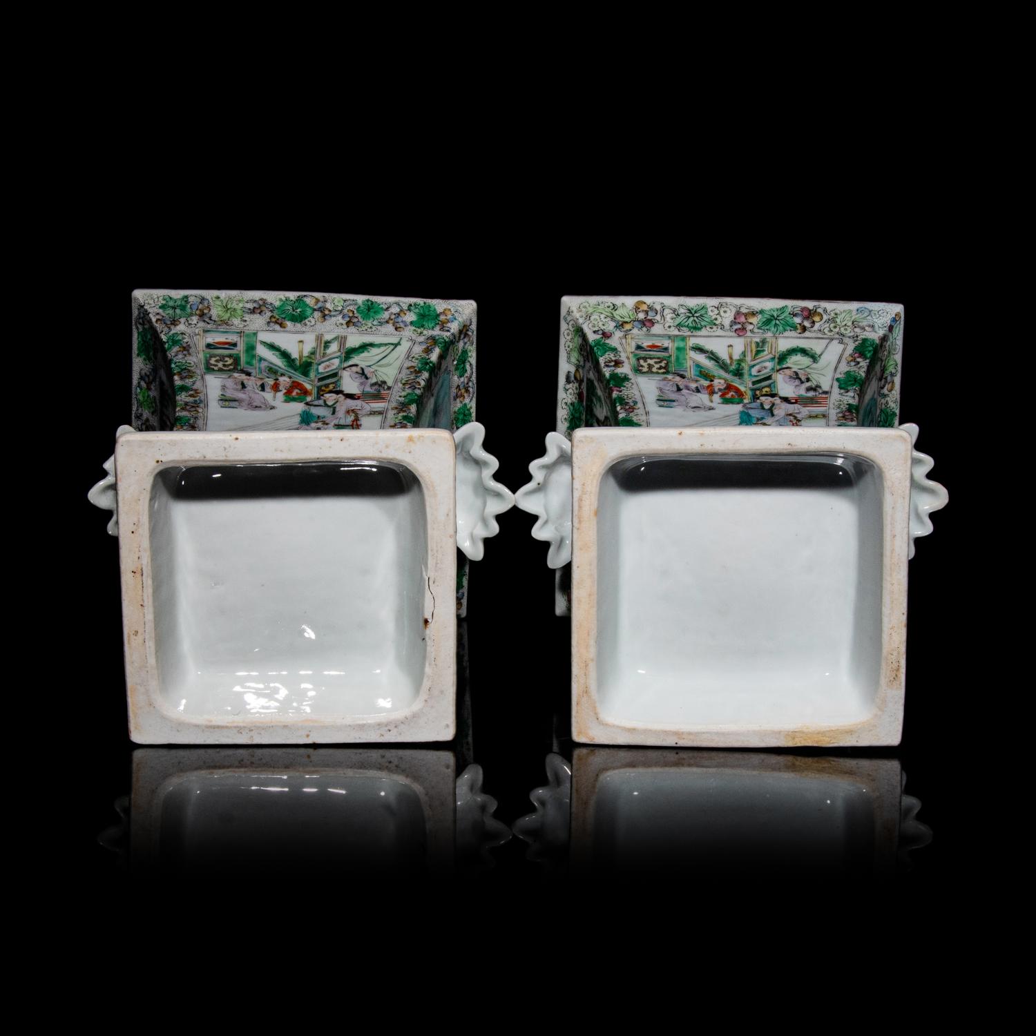 A Pair of Chinese Enameled Porcelain Bough Pots, Second Half 19th Century 清晚期 粉彩開光人物圖花插一對