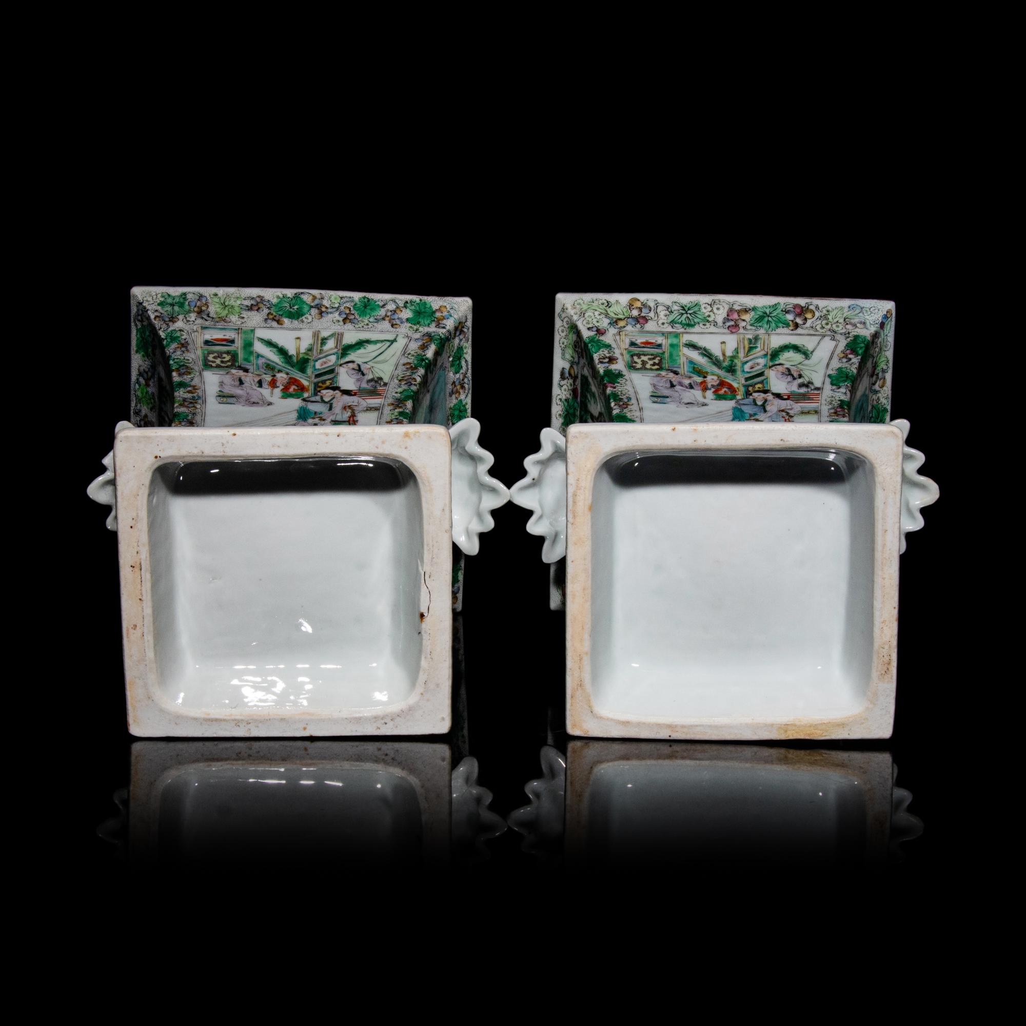 A Pair of Chinese Enameled Porcelain Bough Pots, Second Half 19th Century 清晚期 粉彩開光人物圖花插一對