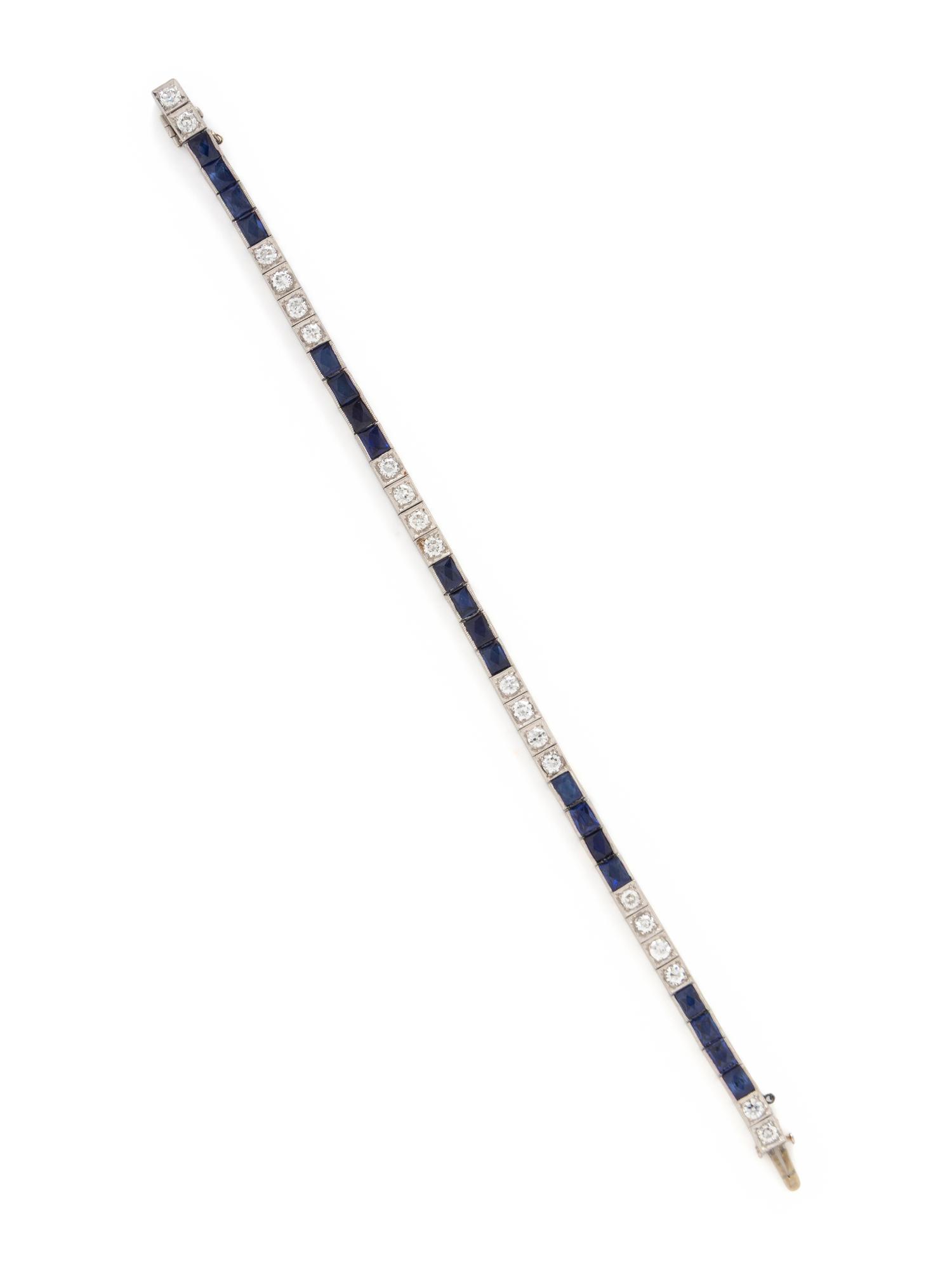 ART DECO, DIAMOND, SYNTHETIC SAPPHIRE, AND PLATINUM BRACELET
