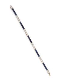 ART DECO, DIAMOND, SYNTHETIC SAPPHIRE, AND PLATINUM BRACELET