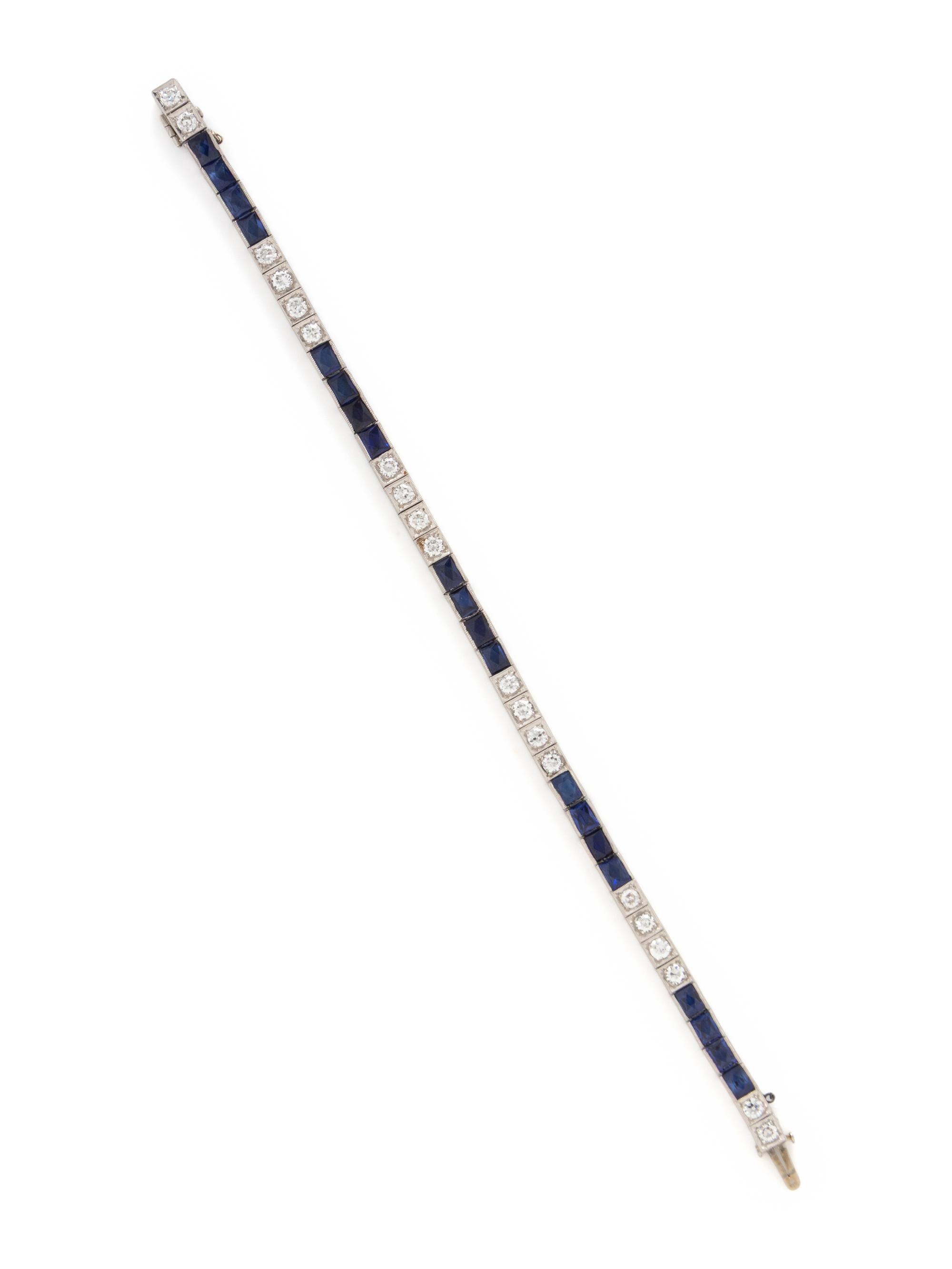 ART DECO, DIAMOND, SYNTHETIC SAPPHIRE, AND PLATINUM BRACELET