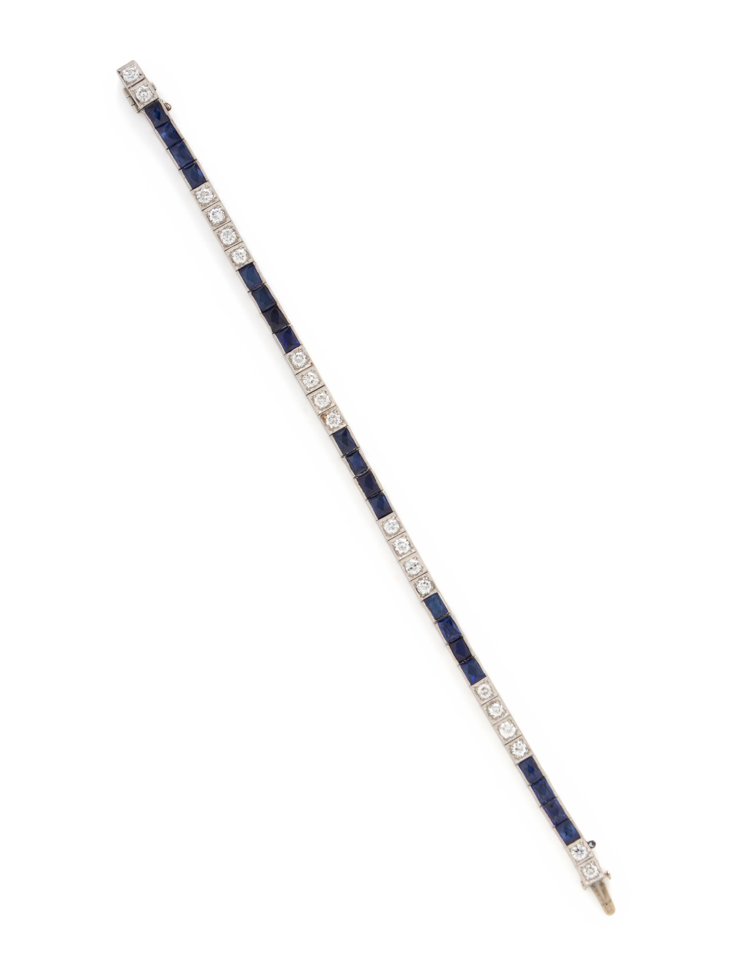 ART DECO, DIAMOND, SYNTHETIC SAPPHIRE, AND PLATINUM BRACELET