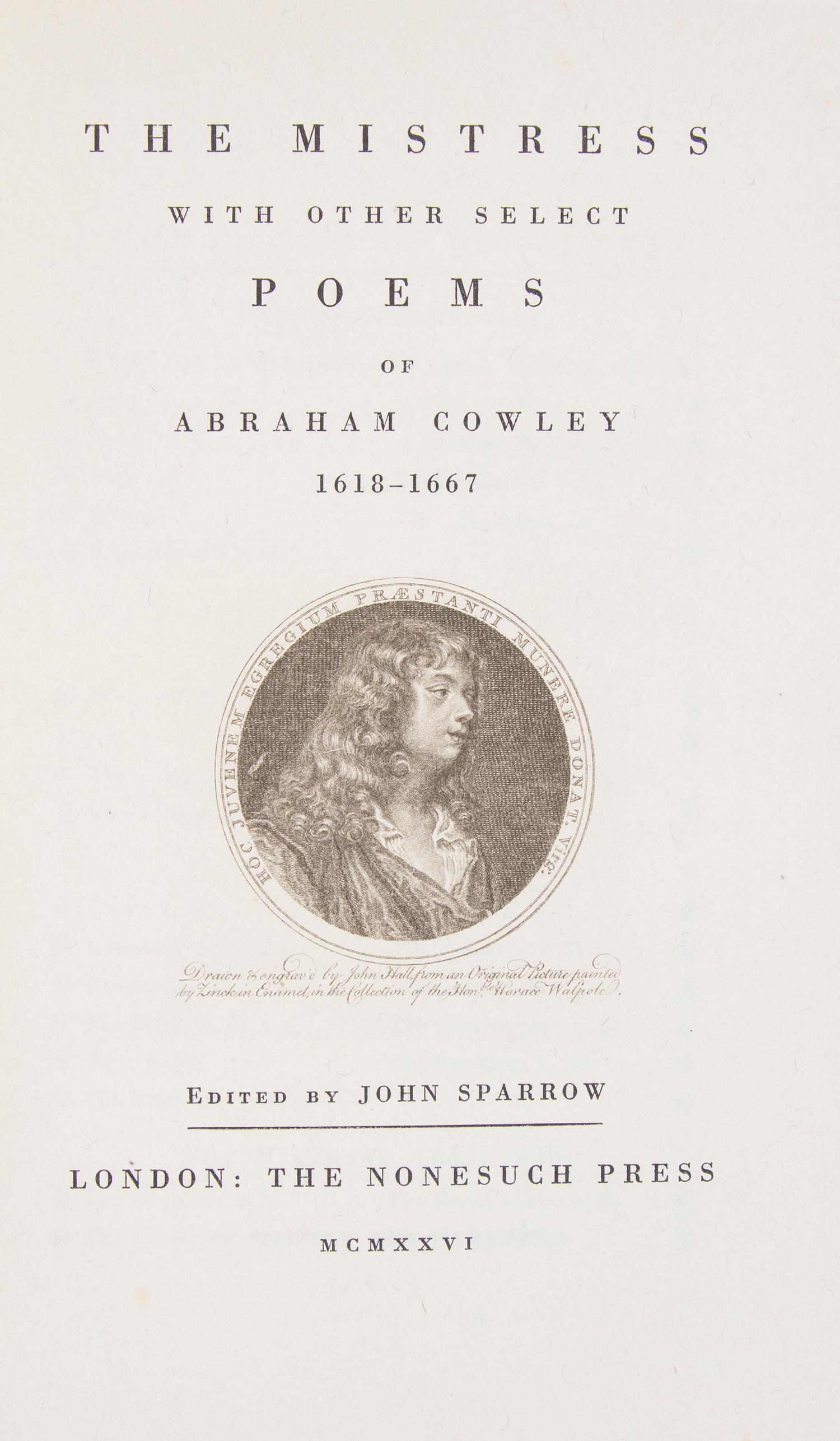 (NONESUCH PRESS) A group of three books published by the Nonesuch Press. Two by James Laver, and a book of poetry by Abraham Cowley.