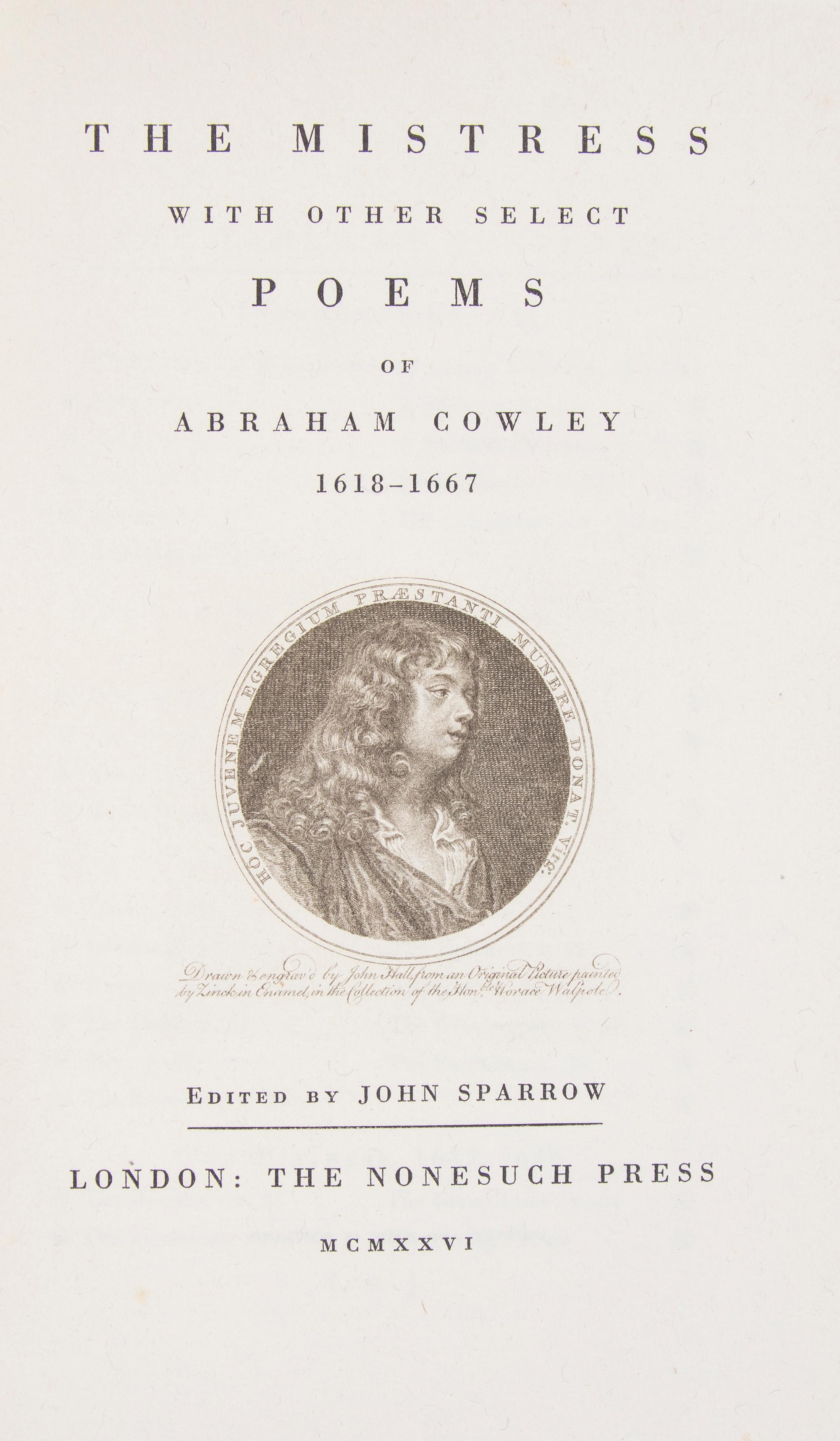 (NONESUCH PRESS) A group of three books published by the Nonesuch Press. Two by James Laver, and a book of poetry by Abraham Cowley.