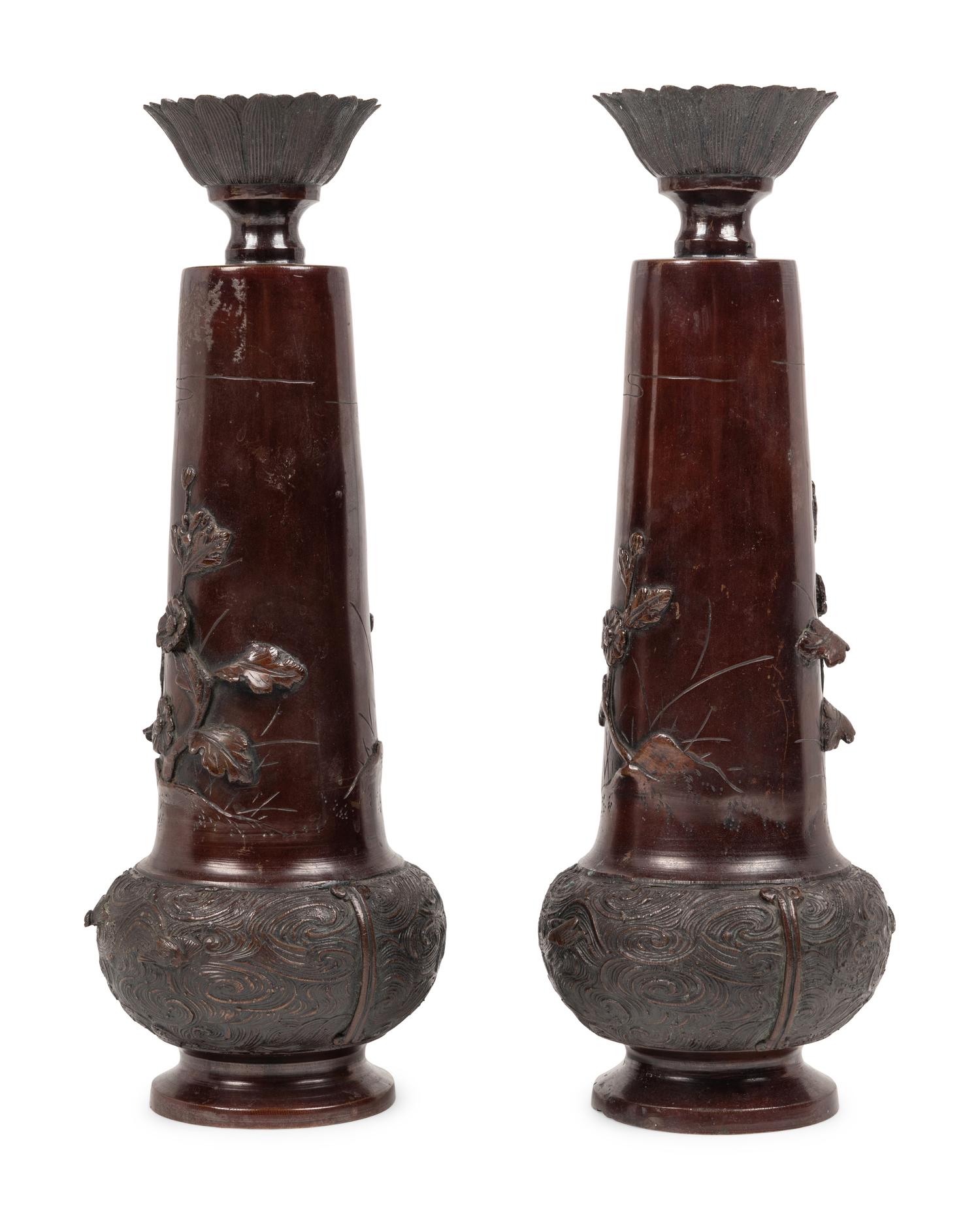 A Pair of Japanese Bronze Candlesticks