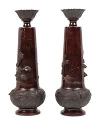 A Pair of Japanese Bronze Candlesticks