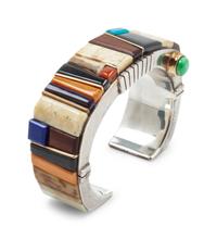 Sterling silver cuff bracelet, with mosaic inlay and 14k gold accents