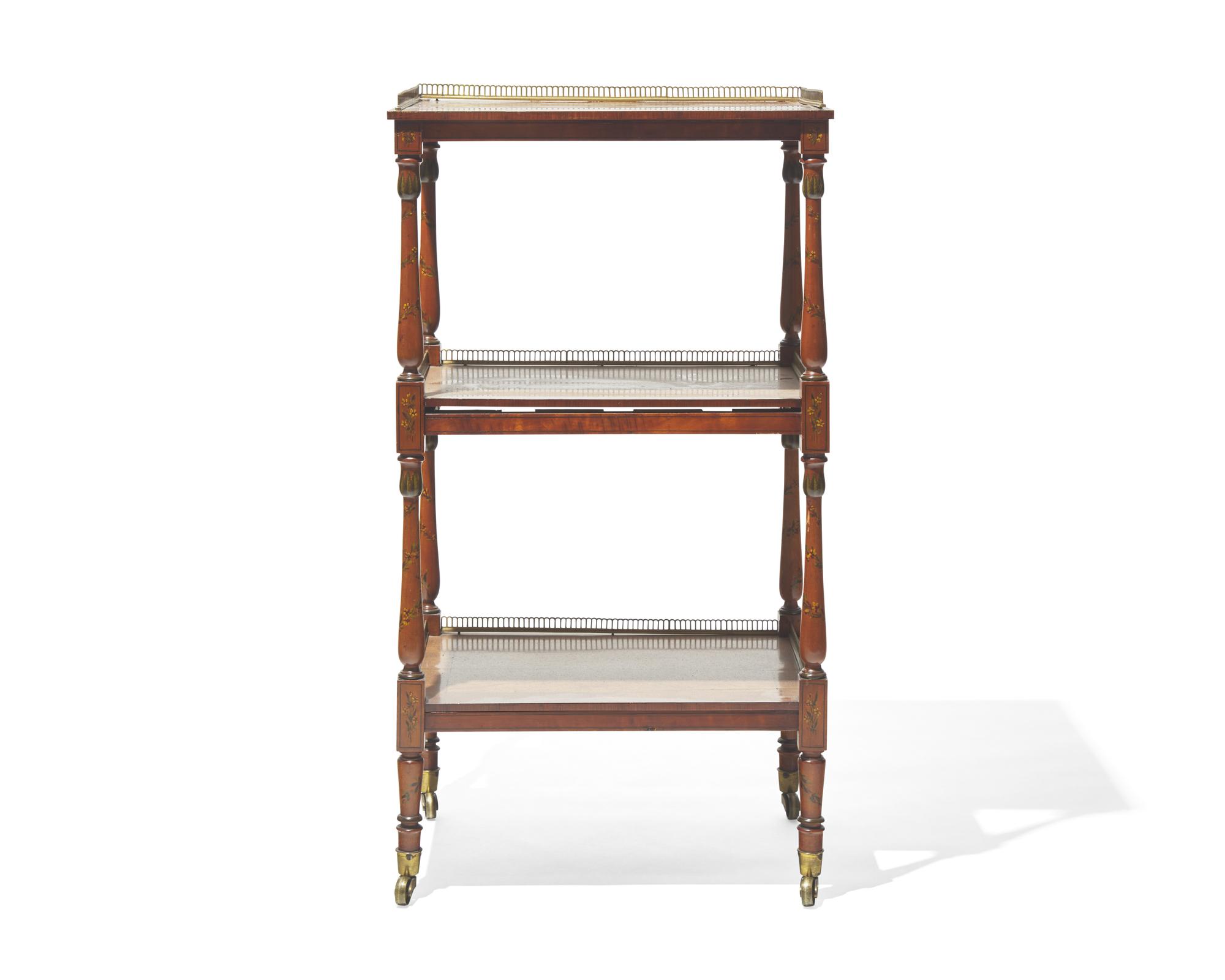 A Regency inlaid and paint-decorated satinwood étagère, circa 1810