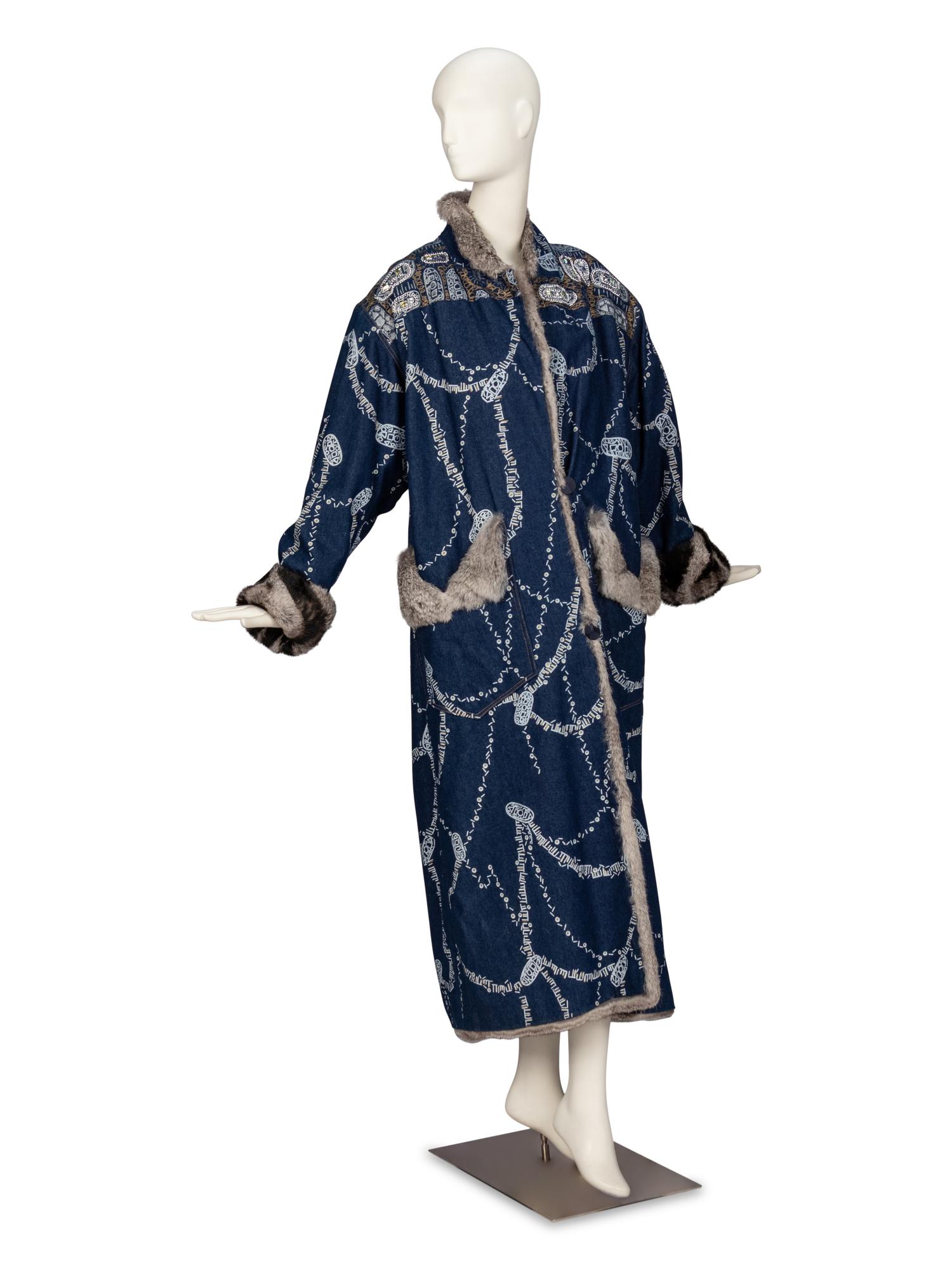 Zandra Rhodes Fur-Lined Denim Painted Coat, 1980s