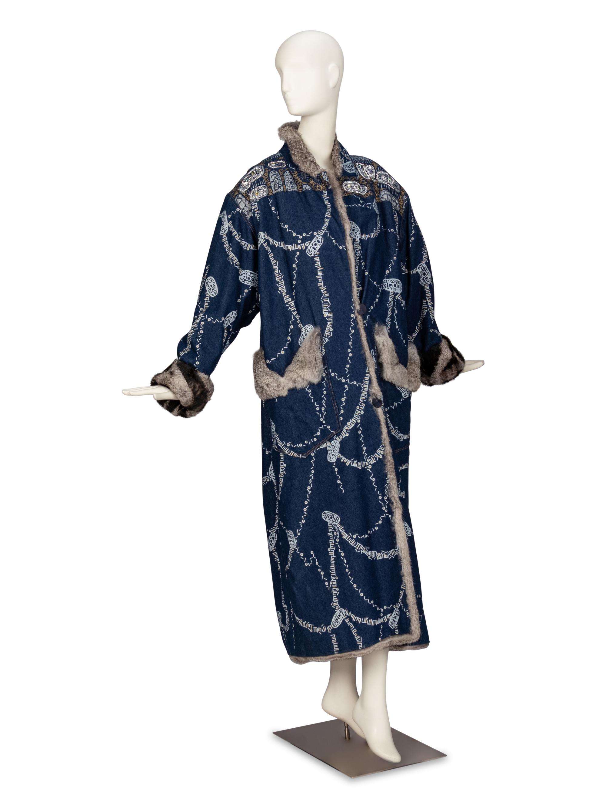 Zandra Rhodes Fur-Lined Denim Painted Coat, 1980s
