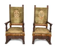 A Pair of Italian Baroque Style Armchairs with Velvet Upholstered Back and Seat