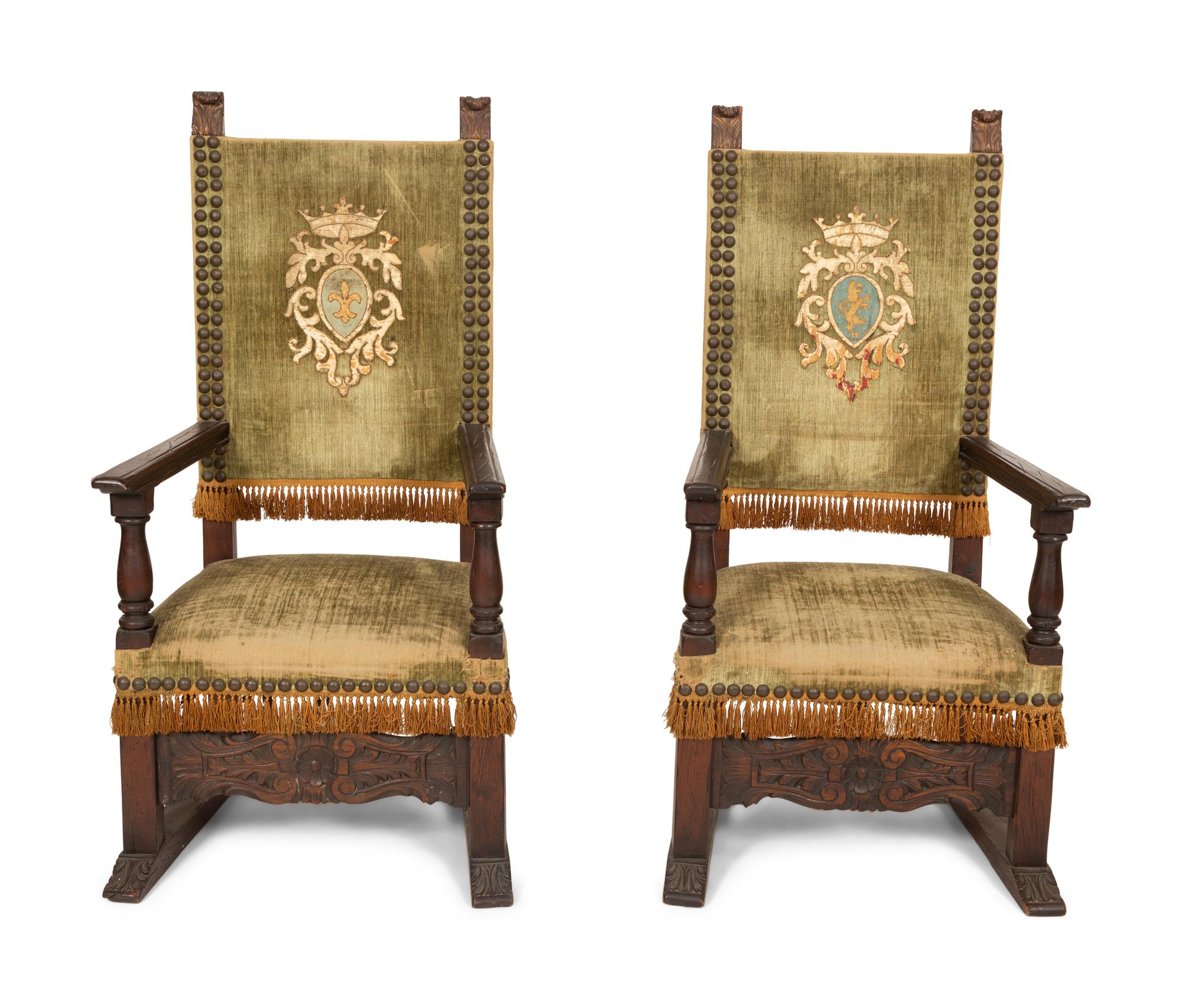 A Pair of Italian Baroque Style Armchairs with Velvet Upholstered Back and Seat