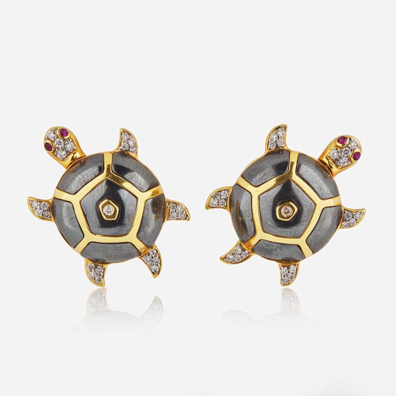 A Pair of 18K Yellow Gold and Gemstone Earrings