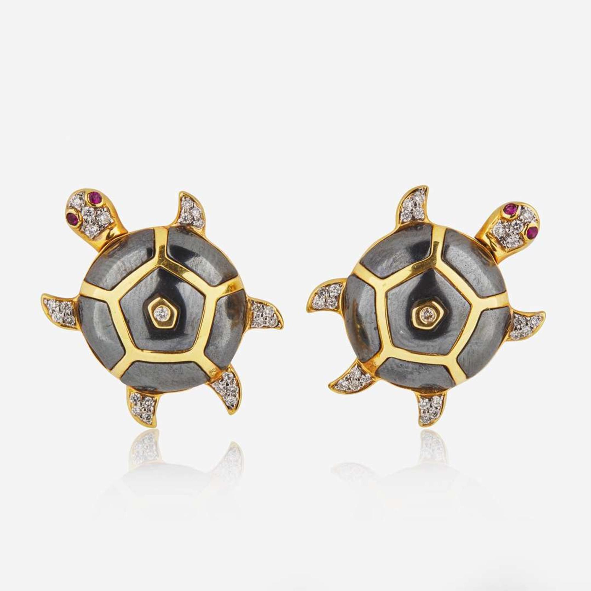A Pair of 18K Yellow Gold and Gemstone Earrings