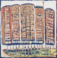 Jimmy Lee Sudduth, (American, 1910-2007), Buildings with People
