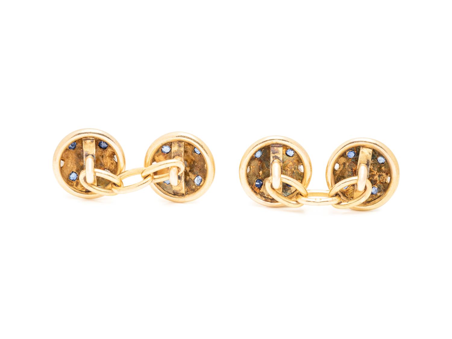 FRENCH, YELLOW GOLD, SAPPHIRE AND DIAMOND CUFFLINKS