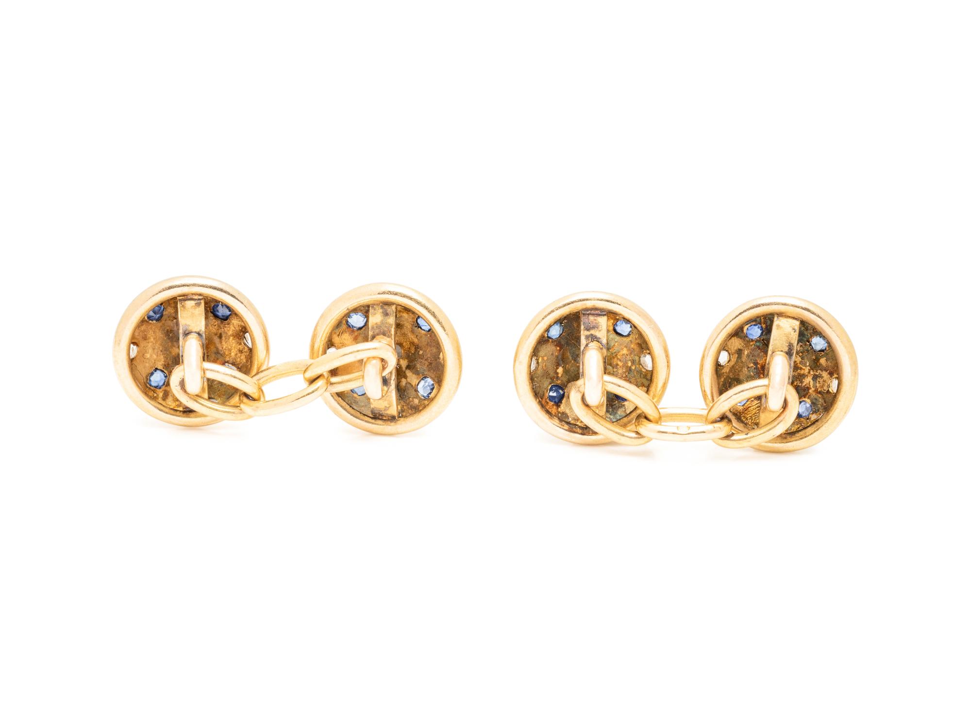 FRENCH, YELLOW GOLD, SAPPHIRE AND DIAMOND CUFFLINKS