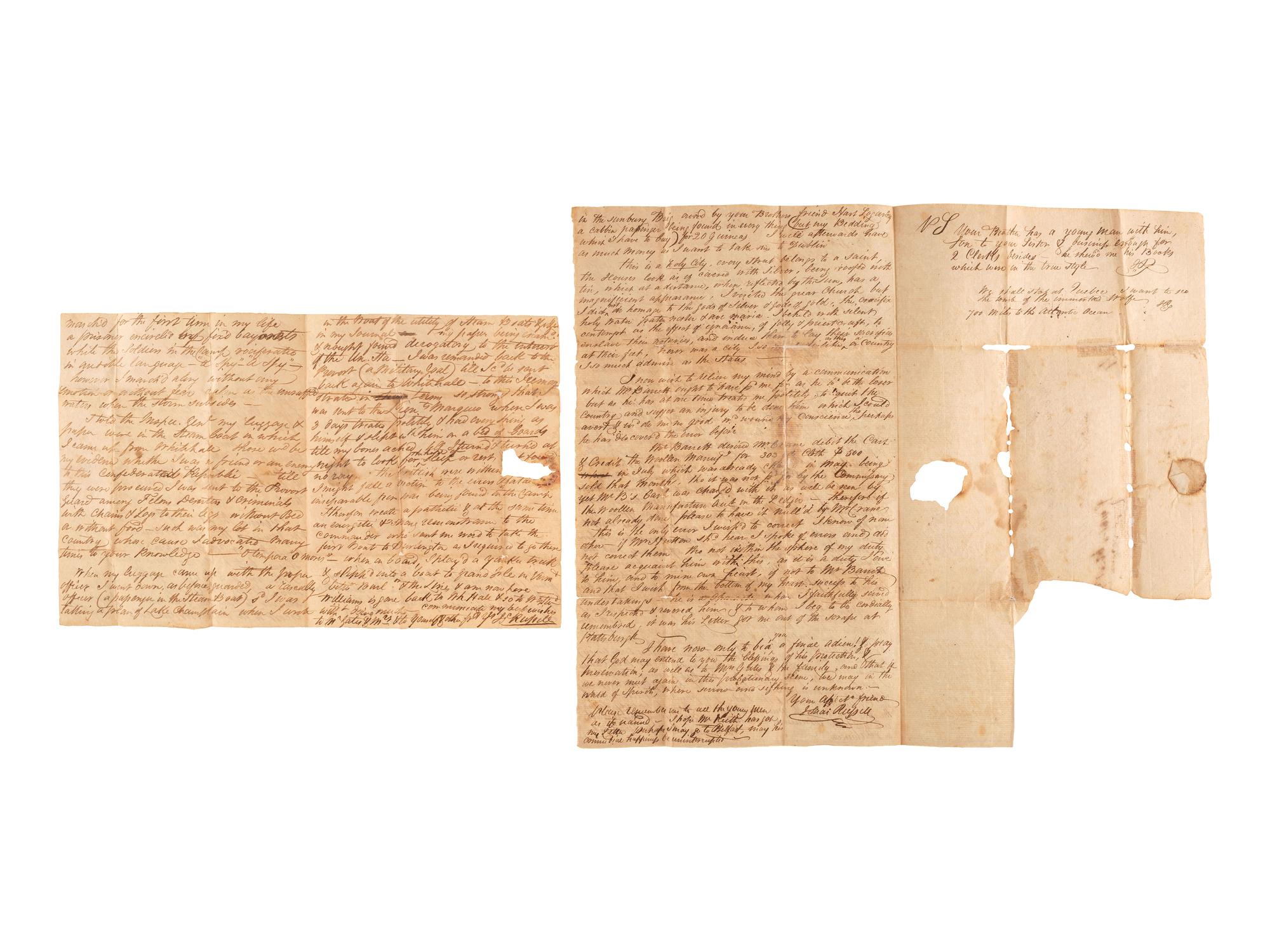 [WAR OF 1812]. A group of two letters both describing the arrest of the author by American troops on suspicion of being a British spy and the Battle of Plattsburgh.