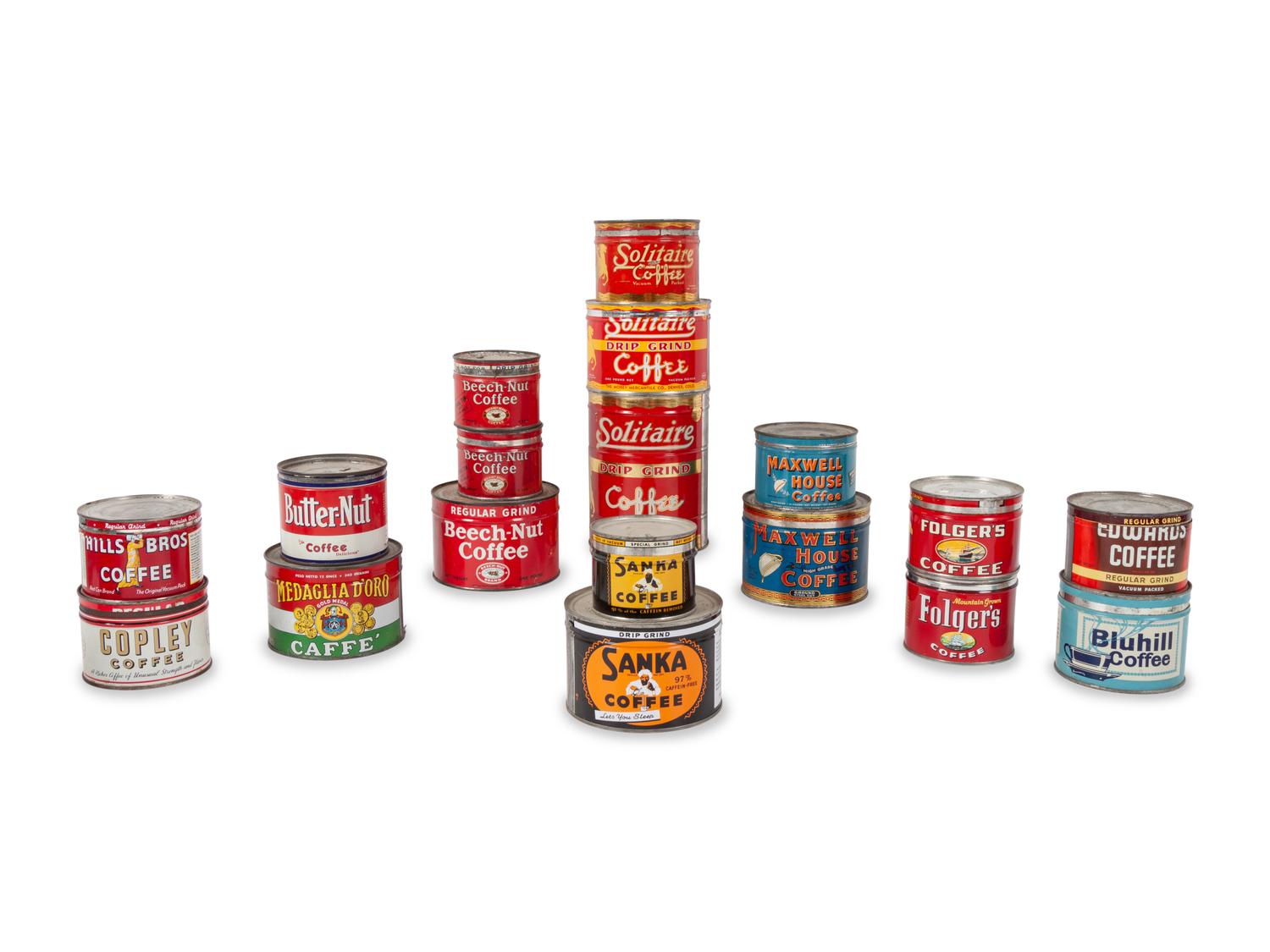 A Large Group of Country Store Advertising Coffee Tins