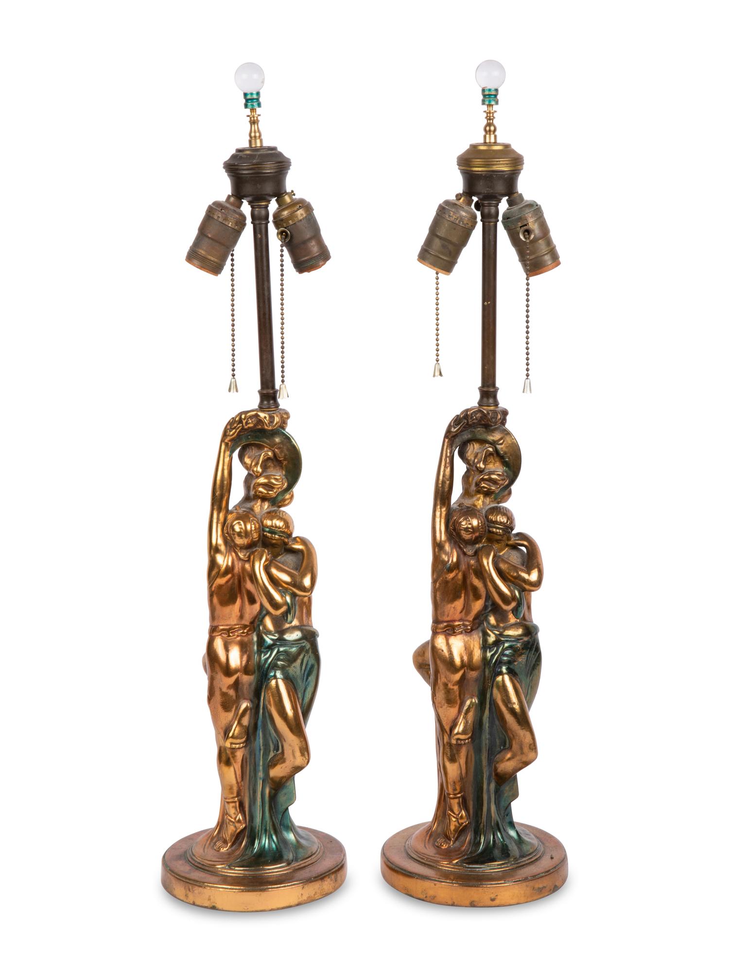 A Pair of Patinated Art Deco Lamps in the Manner of Paul Herzel