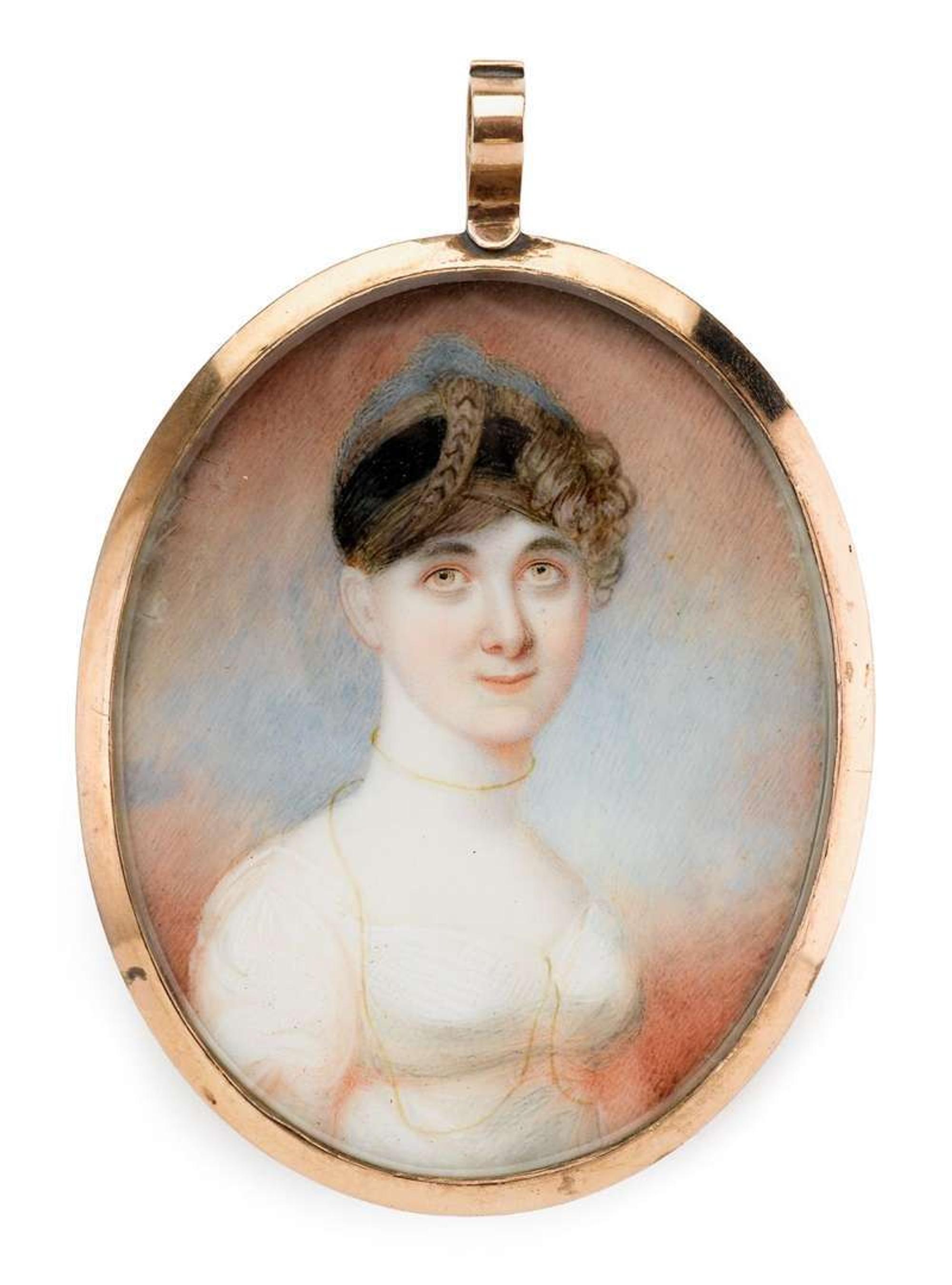 Attributed to Peter Paillou (British, 1757-1831) miniature portrait of a young lady with feathered turban, circa 1810