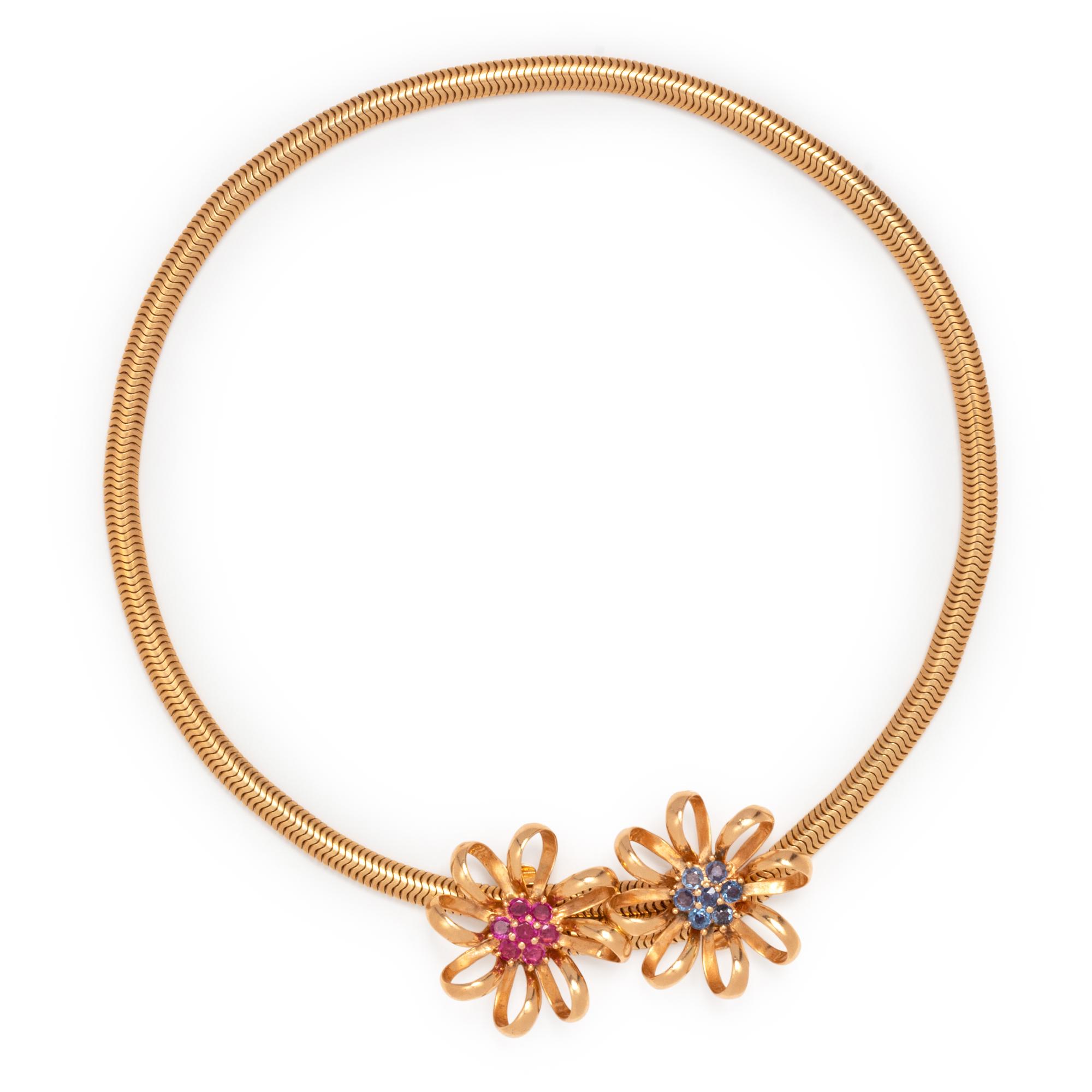 RETRO, YELLOW GOLD AND SYNTHETIC GEMSTONE FLOWER MOTIF CONVERTIBLE NECKLACE