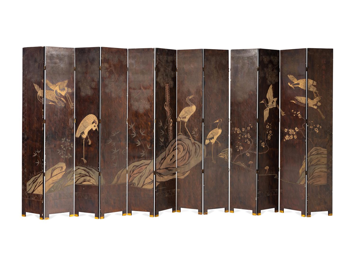 A Chinese Lacquered Thirteen-Panel Floor Screen