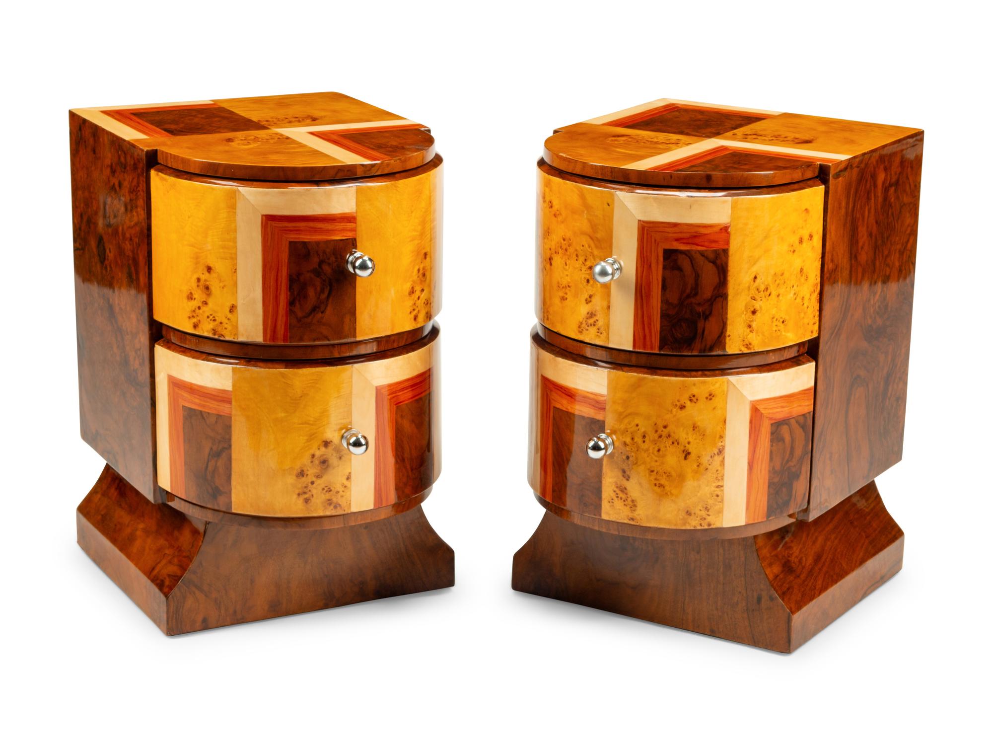 A Pair of Art Deco Style Various Woods Bedside Commodes