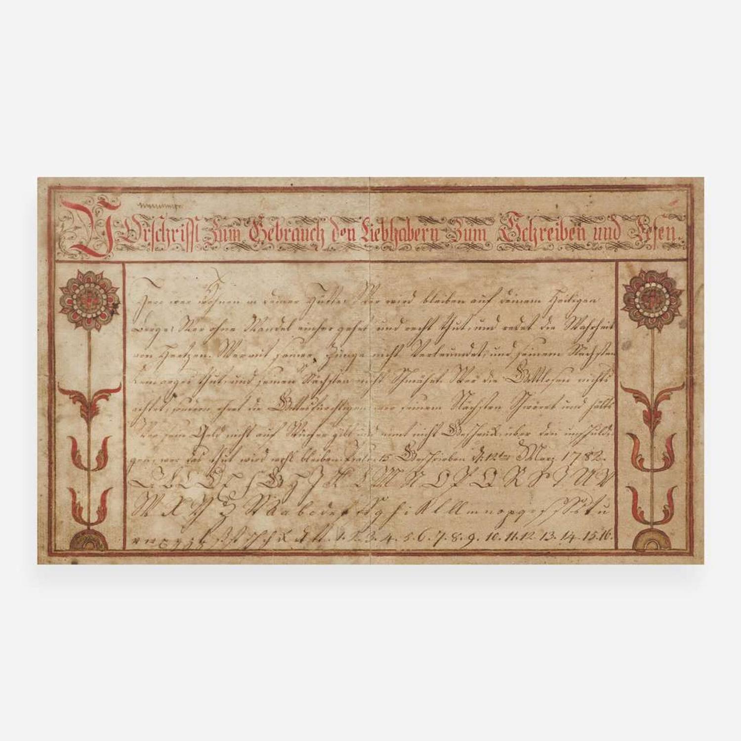 Attributed to Abraham Dirdorff (1734-1801) A Fraktur: Vorschrift, dated "1782"