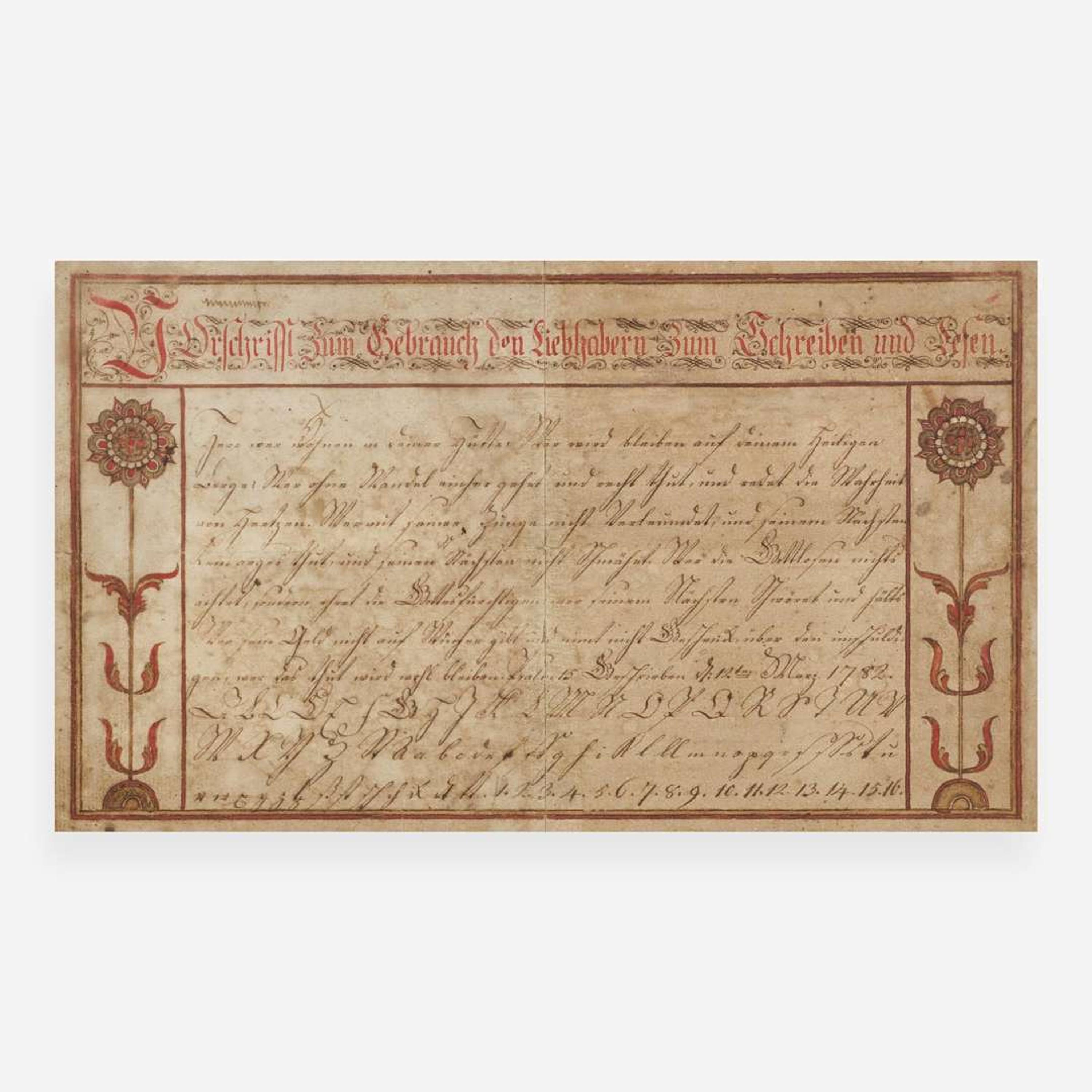 Attributed to Abraham Dirdorff (1734-1801) A Fraktur: Vorschrift, dated "1782"