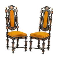 A Pair of Florentine Specimen Marble-Inset Ebonized Side Chairs