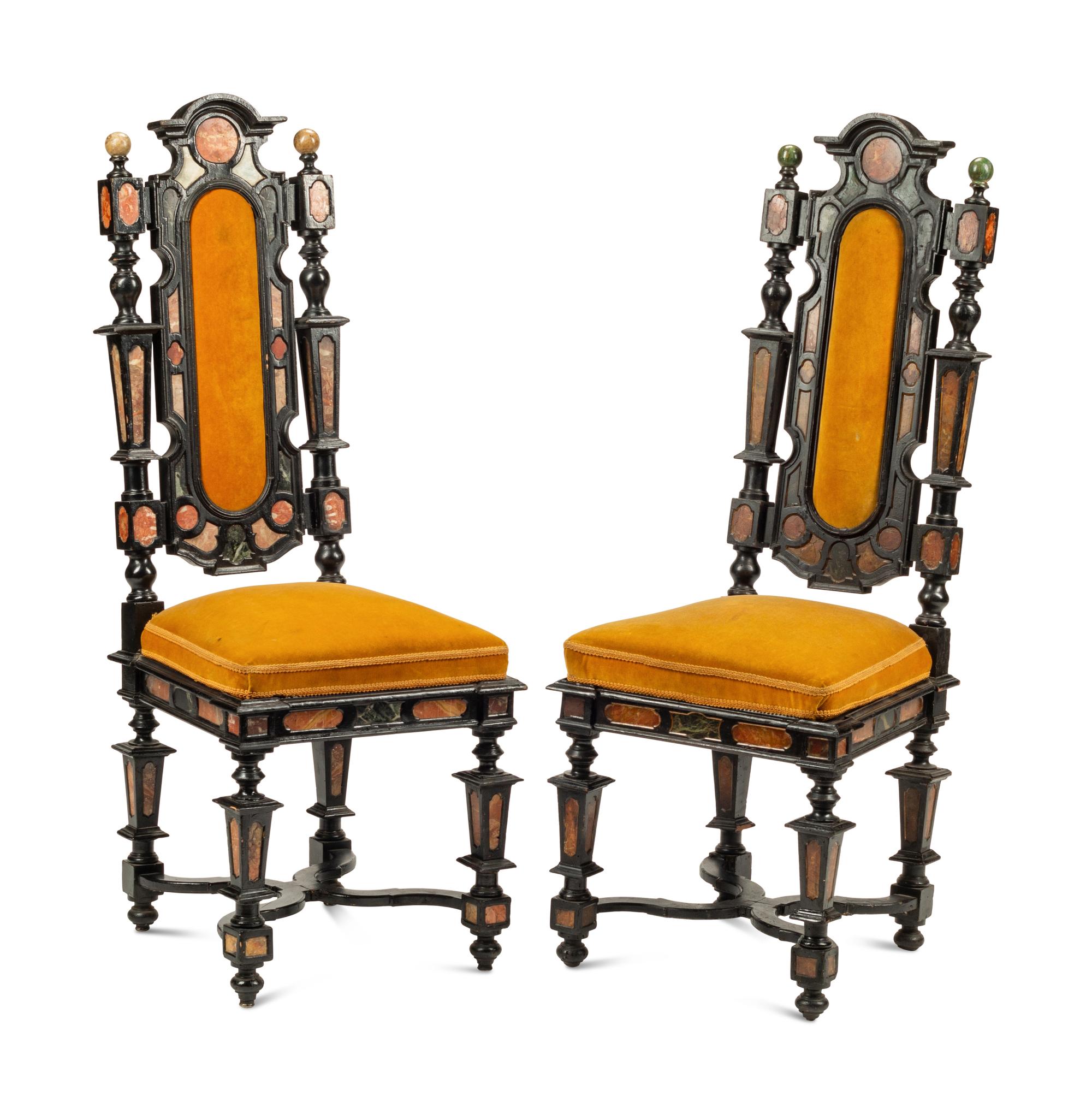 A Pair of Florentine Specimen Marble-Inset Ebonized Side Chairs
