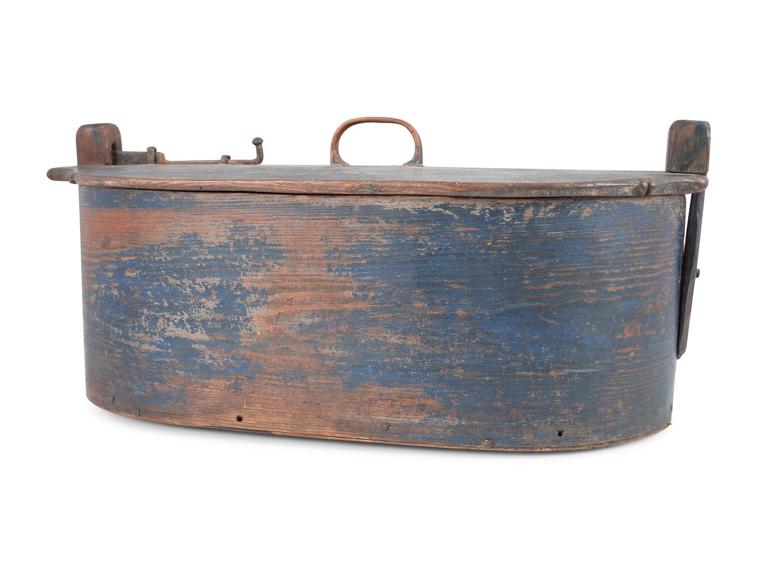 A Country Blue Painted Bentwood Locking Cover Bride's Box