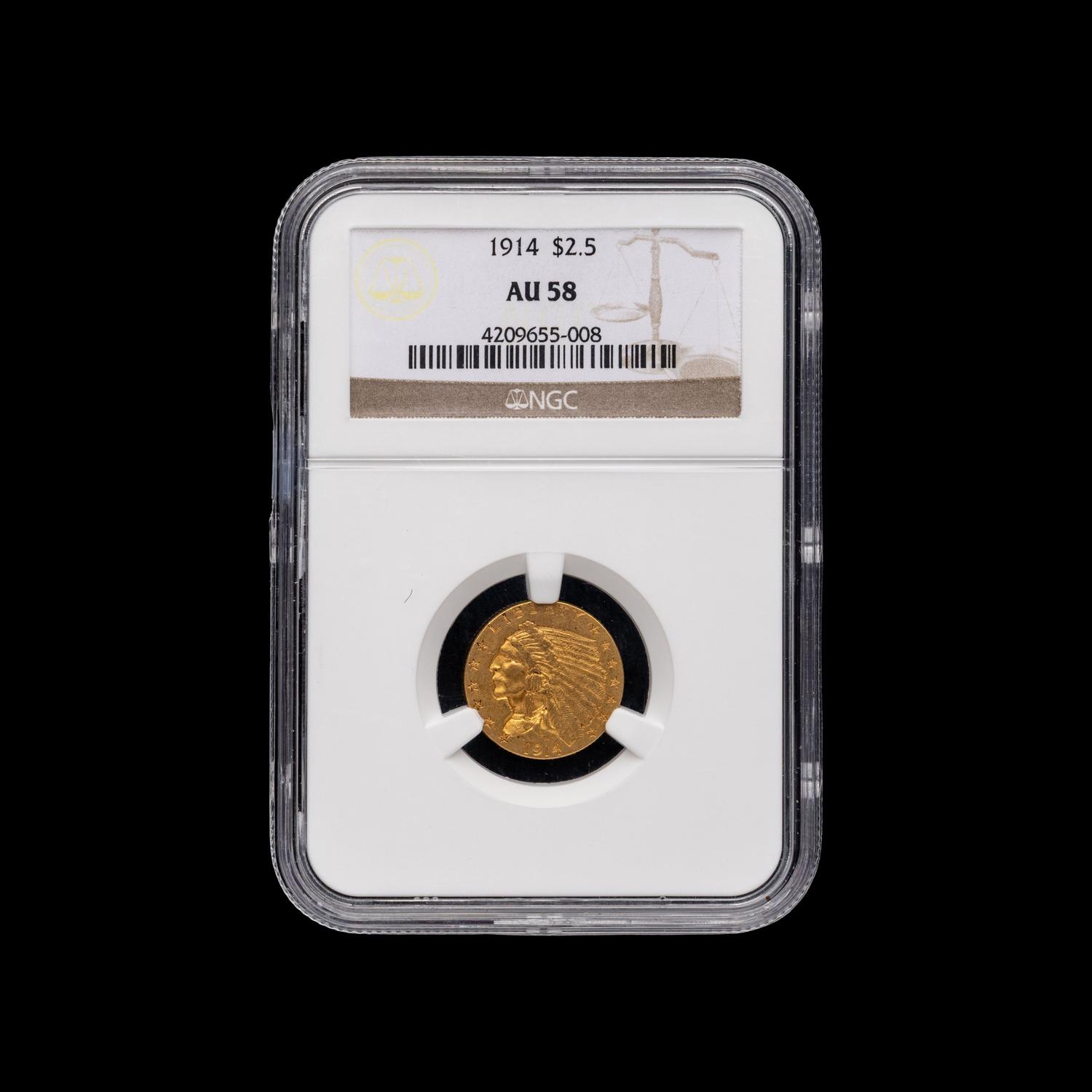 A 1914 Indian Head $2.50 Gold Coin [NGC AU58]