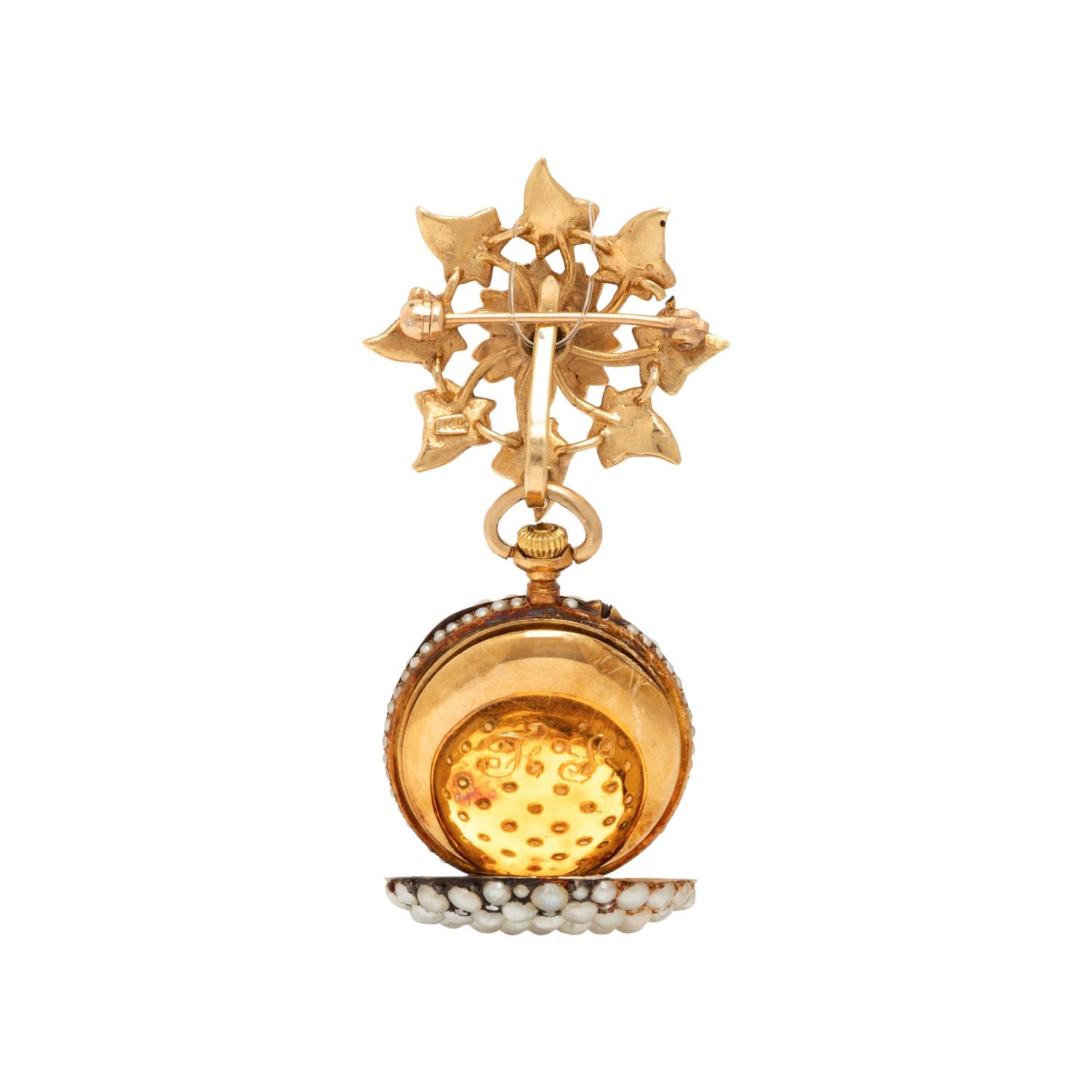 Seed Pearl, Diamond, and Yellow Gold Lapel Watch