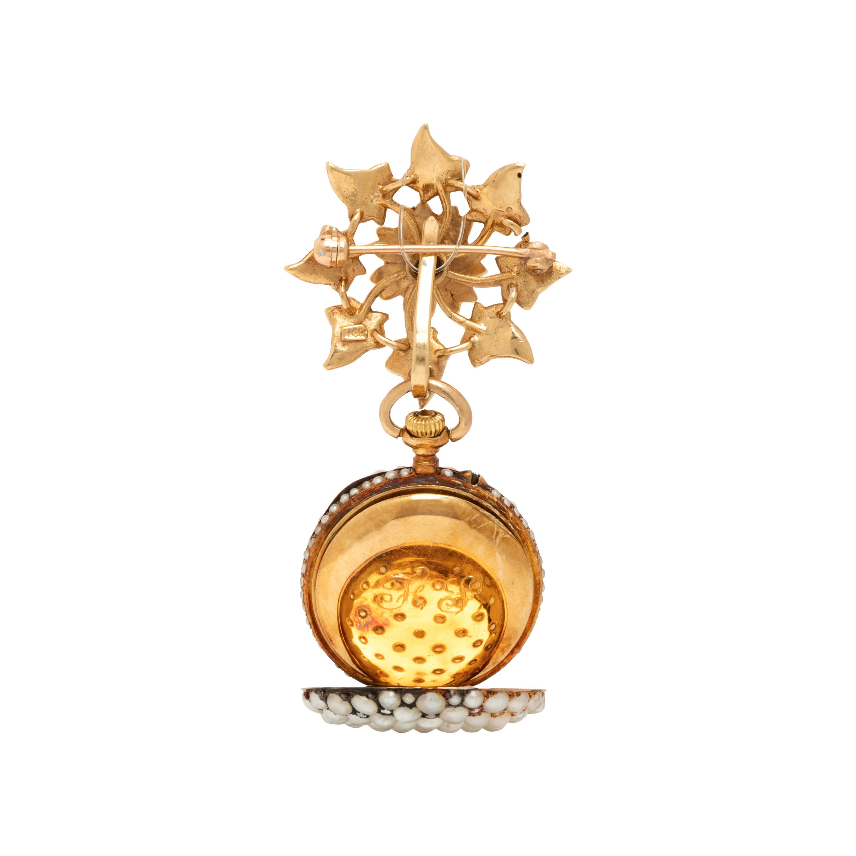 Seed Pearl, Diamond, and Yellow Gold Lapel Watch
