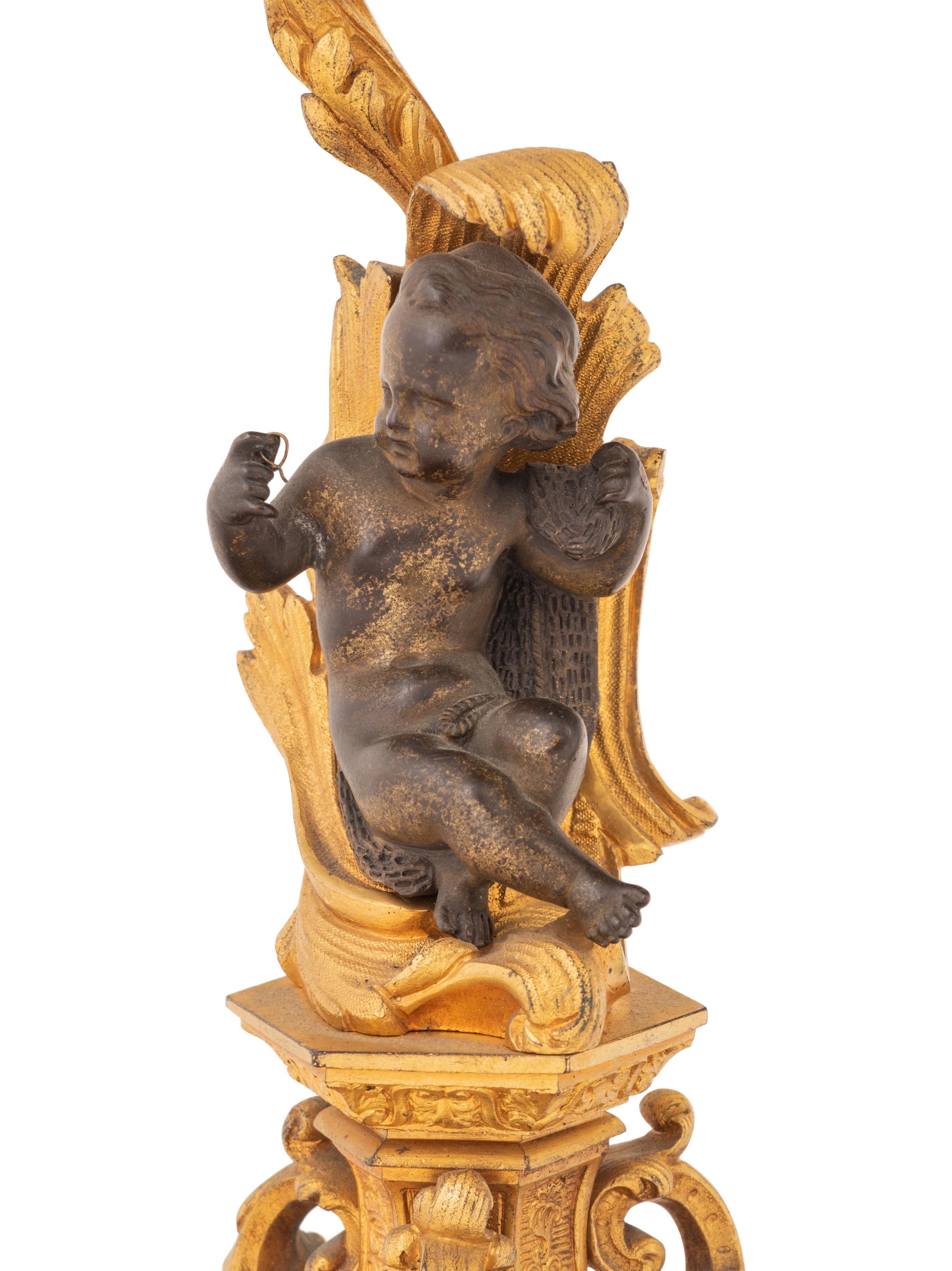 A Pair of Continental Gilt and Patinated Bronze Four-Light Candelabra