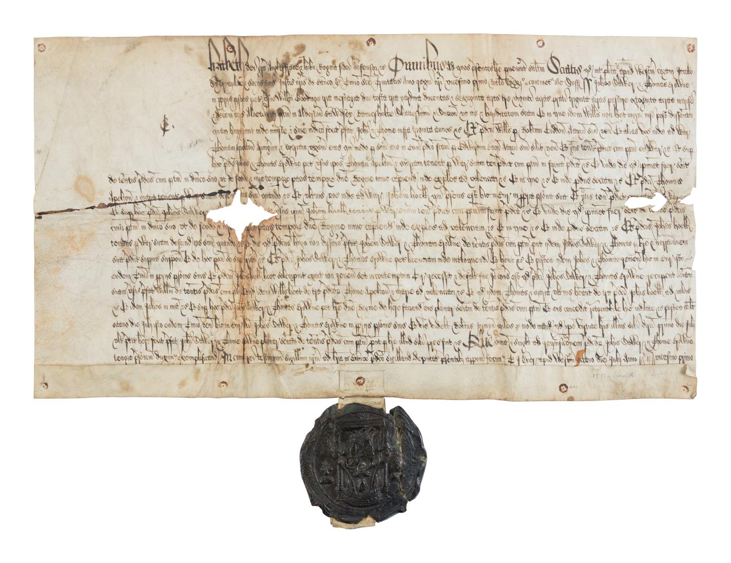 CHANCERY OF ELIZABETH I (r. 17 November 1558–24 March 1603) Single parchment sheet with Common Recovery under the Great Seal of Elizabeth I, involving lands in Suffolk, in Latin, manuscript on parchment [London, Court of King’s Bench, Trinity Term, 21 Elizabeth, 1579]