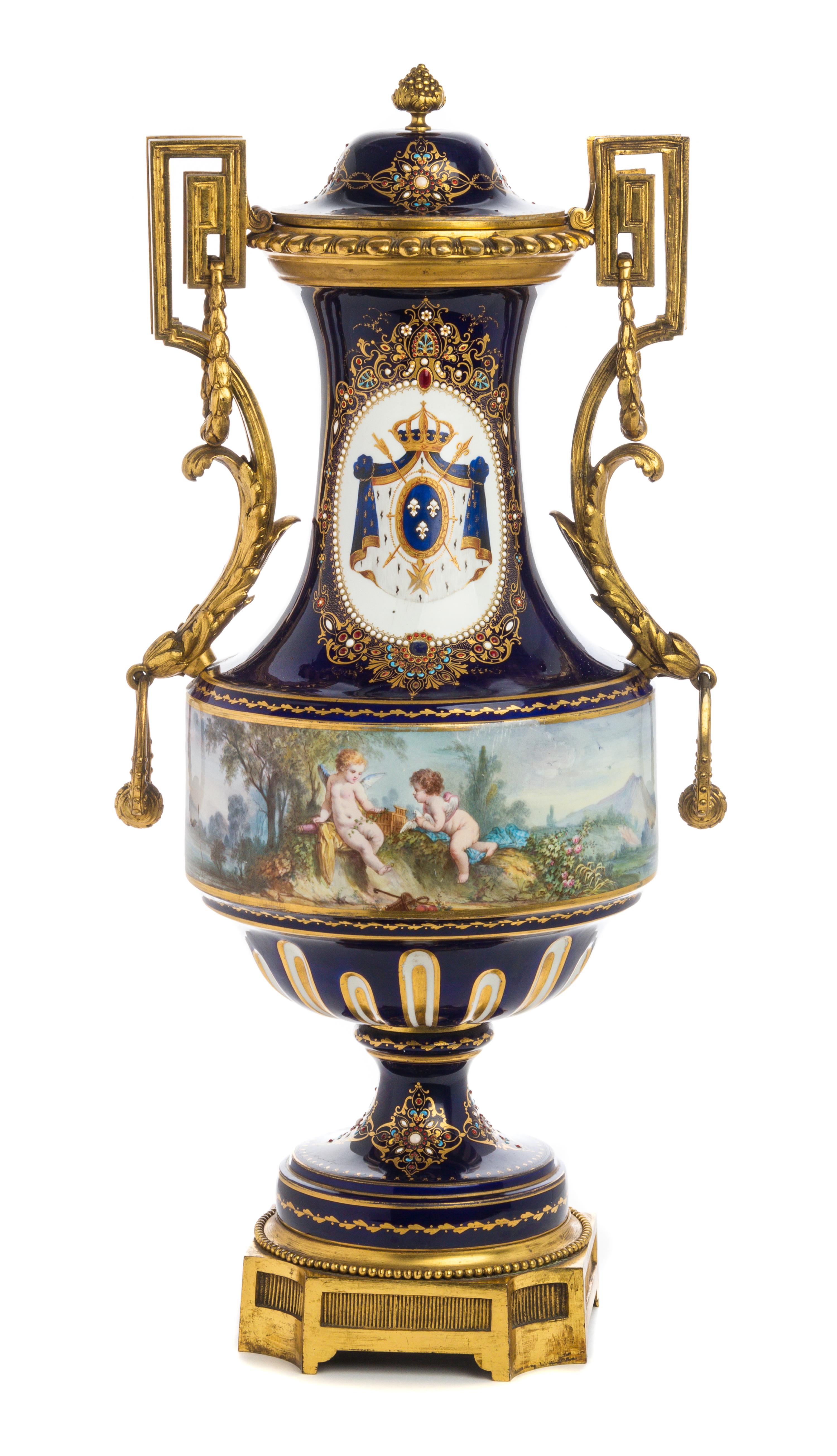 A Gilt Bronze Mounted Sevres Style Jeweled Porcelain Covered Urn Height 24 inches. — 19TH/20TH CENTURY