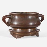 A Chinese patinated bronze censer and stand 铜香炉及底座 Xuande mark, 18th century or earlier ??? ???????