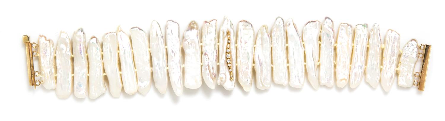 A 14 Karat Yellow Gold, Biwa Pearl and Diamond Bracelet,