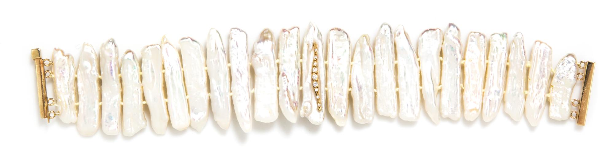 A 14 Karat Yellow Gold, Biwa Pearl and Diamond Bracelet,