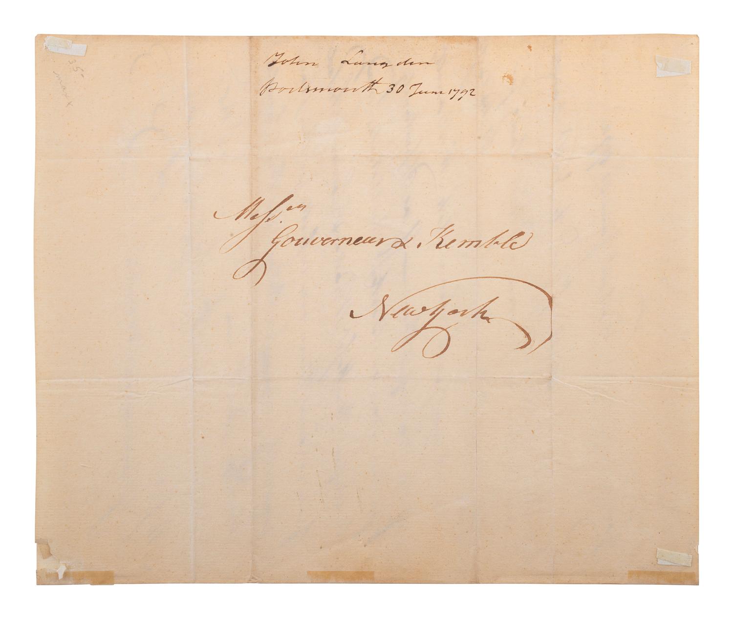 [SIGNER]. LANGDON, John (1741-1819). Autograph letter signed ("Jn. Langdon"), to Messrs. Gouverneur & Kemble. Portsmouth, 30 June 1792.