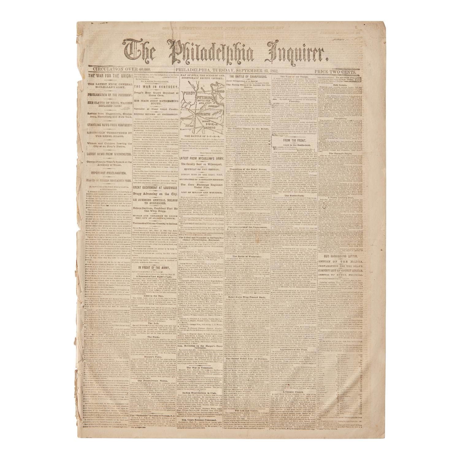 [Emancipation Proclamation] "Slaves of Rebels Proclaimed Free" : Front-Page Printing of Lincoln's Preliminary Emancipation Proclamation