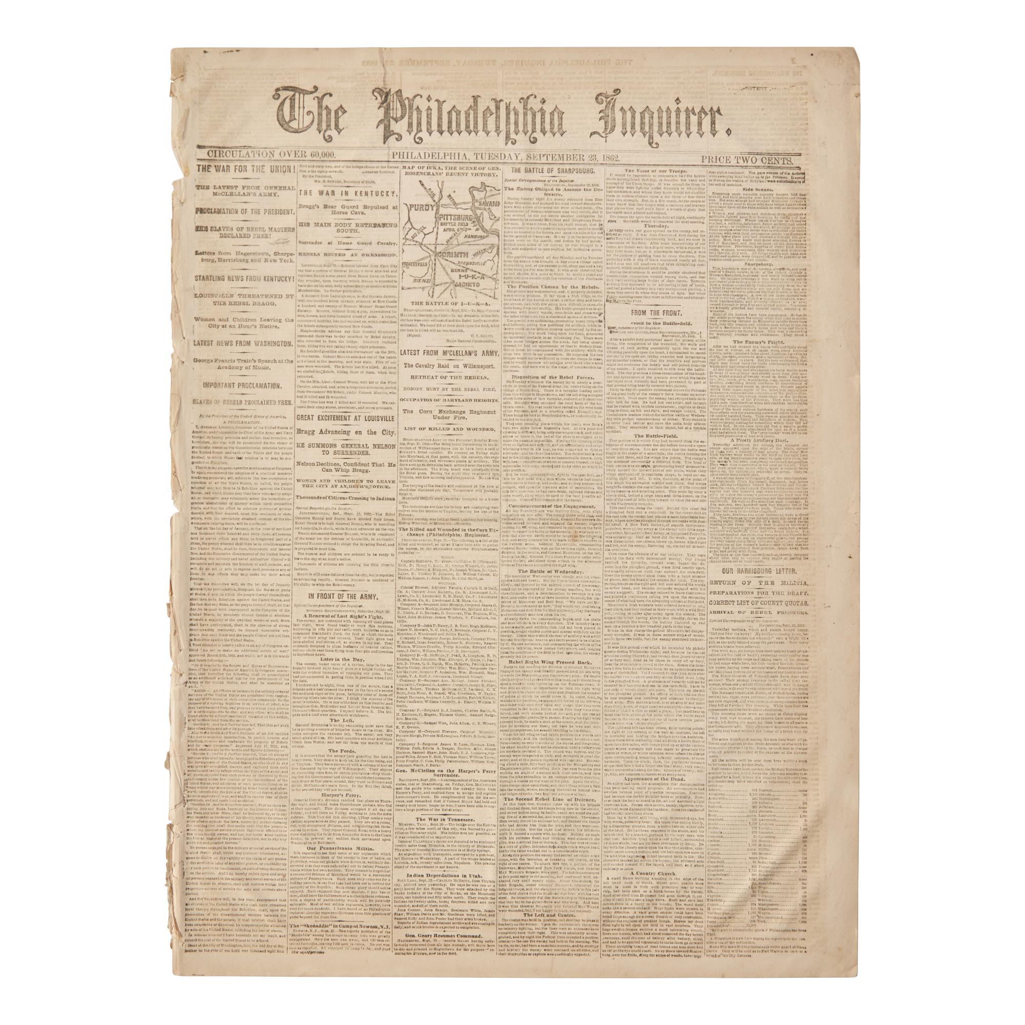[Emancipation Proclamation] "Slaves of Rebels Proclaimed Free" : Front-Page Printing of Lincoln's Preliminary Emancipation Proclamation
