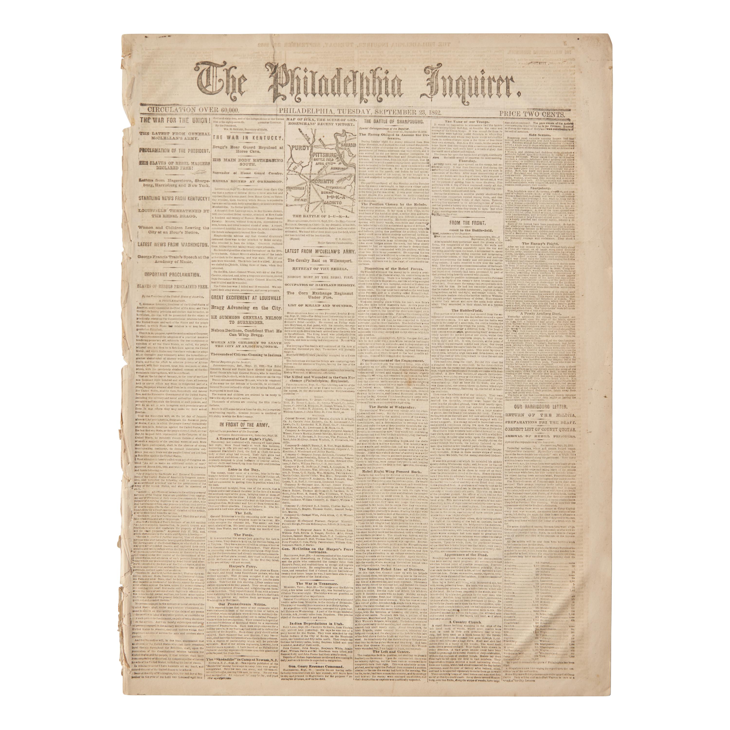 [Emancipation Proclamation] "Slaves of Rebels Proclaimed Free" : Front-Page Printing of Lincoln's Preliminary Emancipation Proclamation