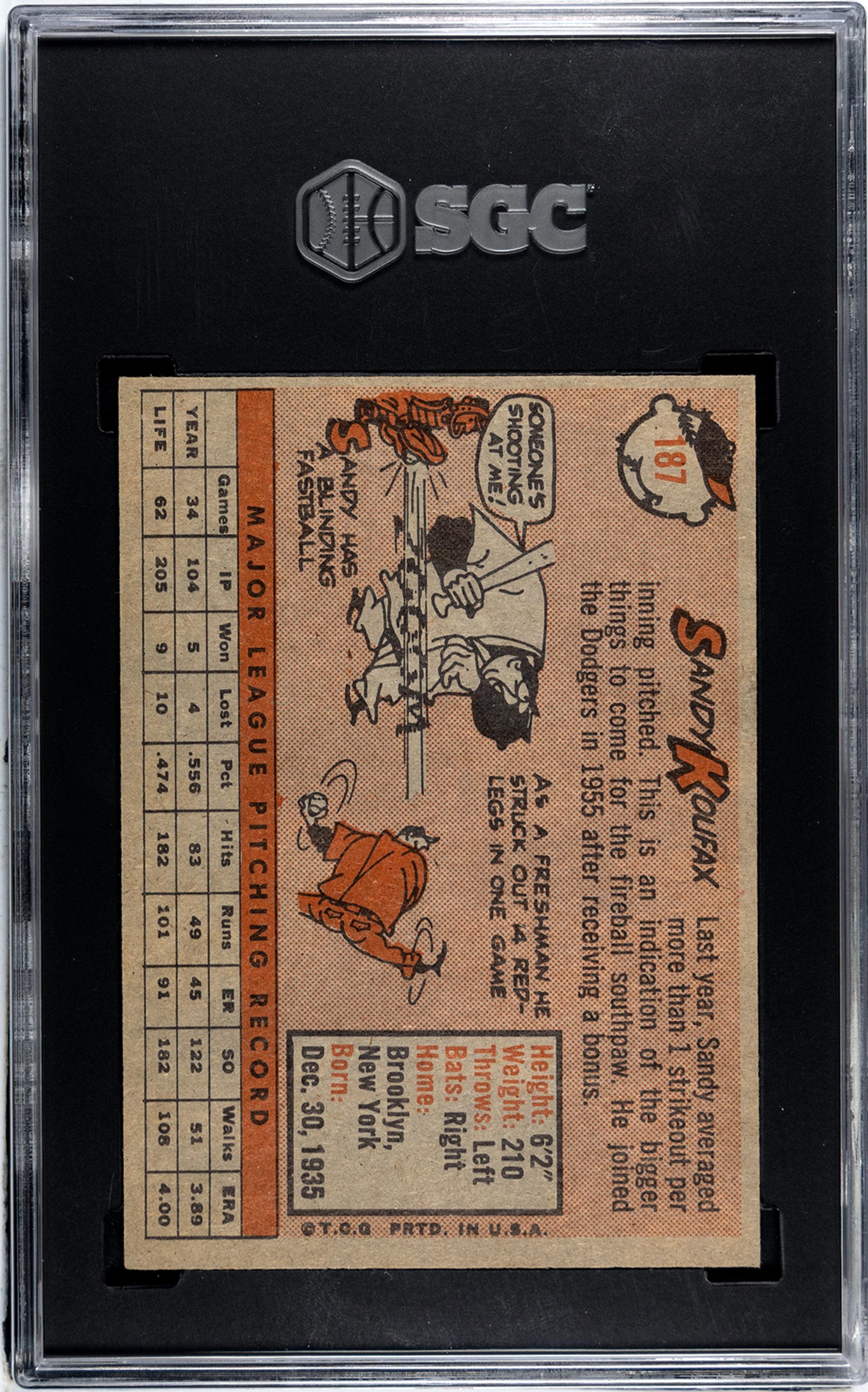 A 1958 Topps Sandy Koufax Baseball Card No. 187 (SGC 7 NRMT)