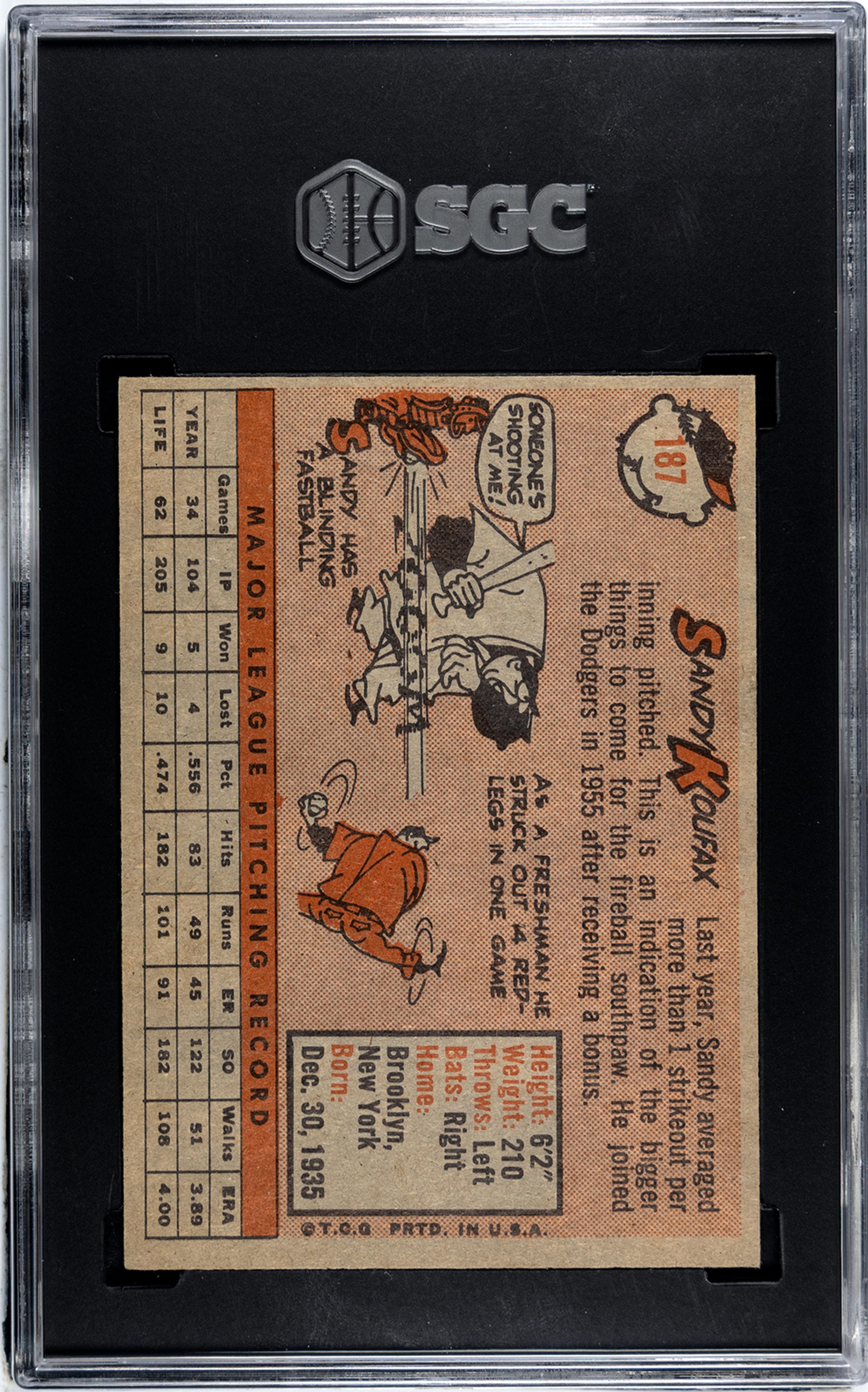 A 1958 Topps Sandy Koufax Baseball Card No. 187 (SGC 7 NRMT)