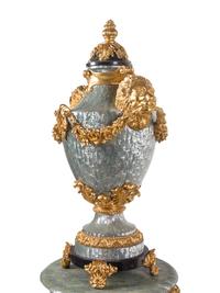 A Pair of Neoclassical Style Gilt Composite and Abalone Veneered Urns and Pedestals